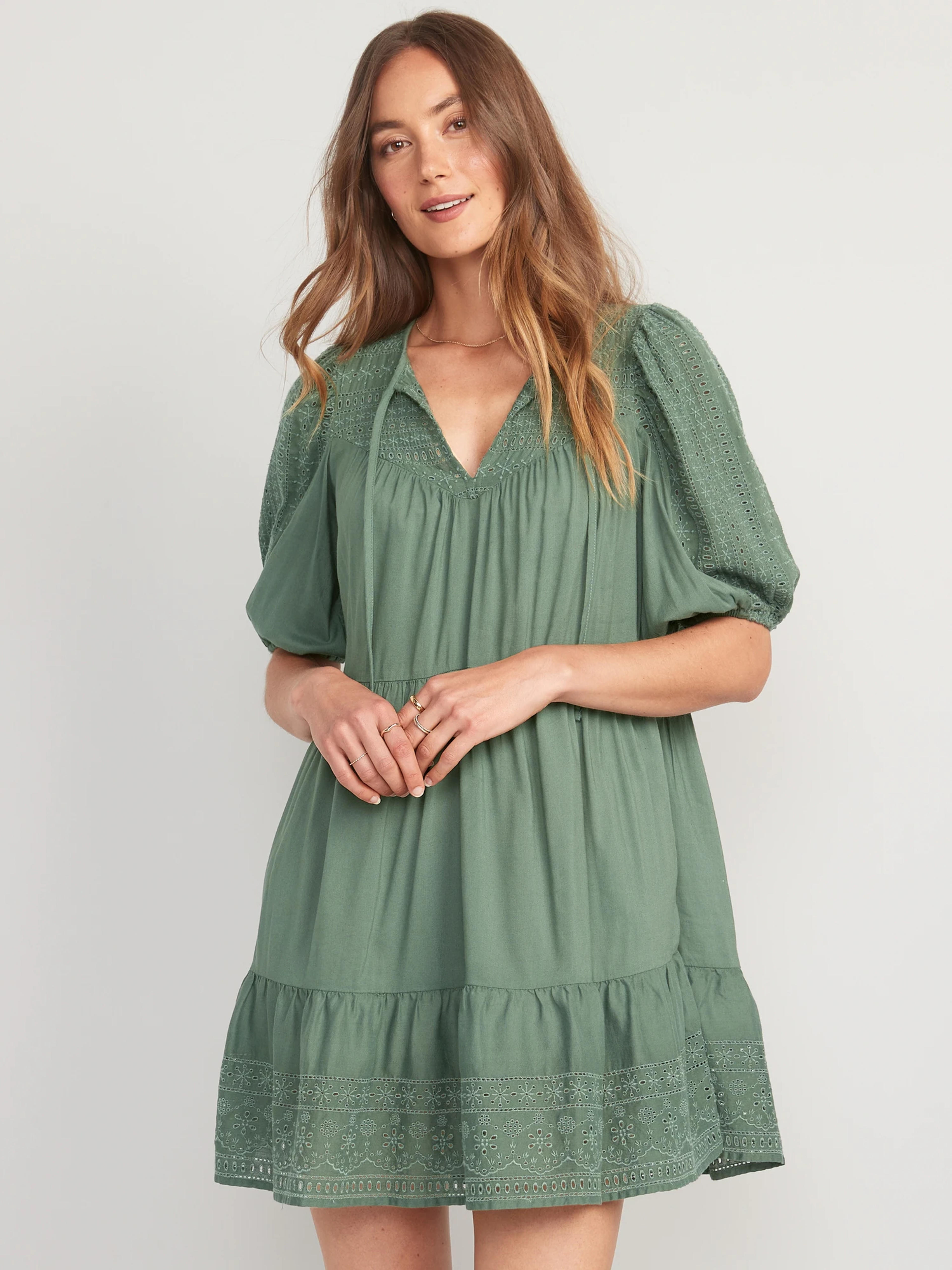 Puff-Sleeve Tiered Embroidered Mini Swing Dress for Women | Old Navy