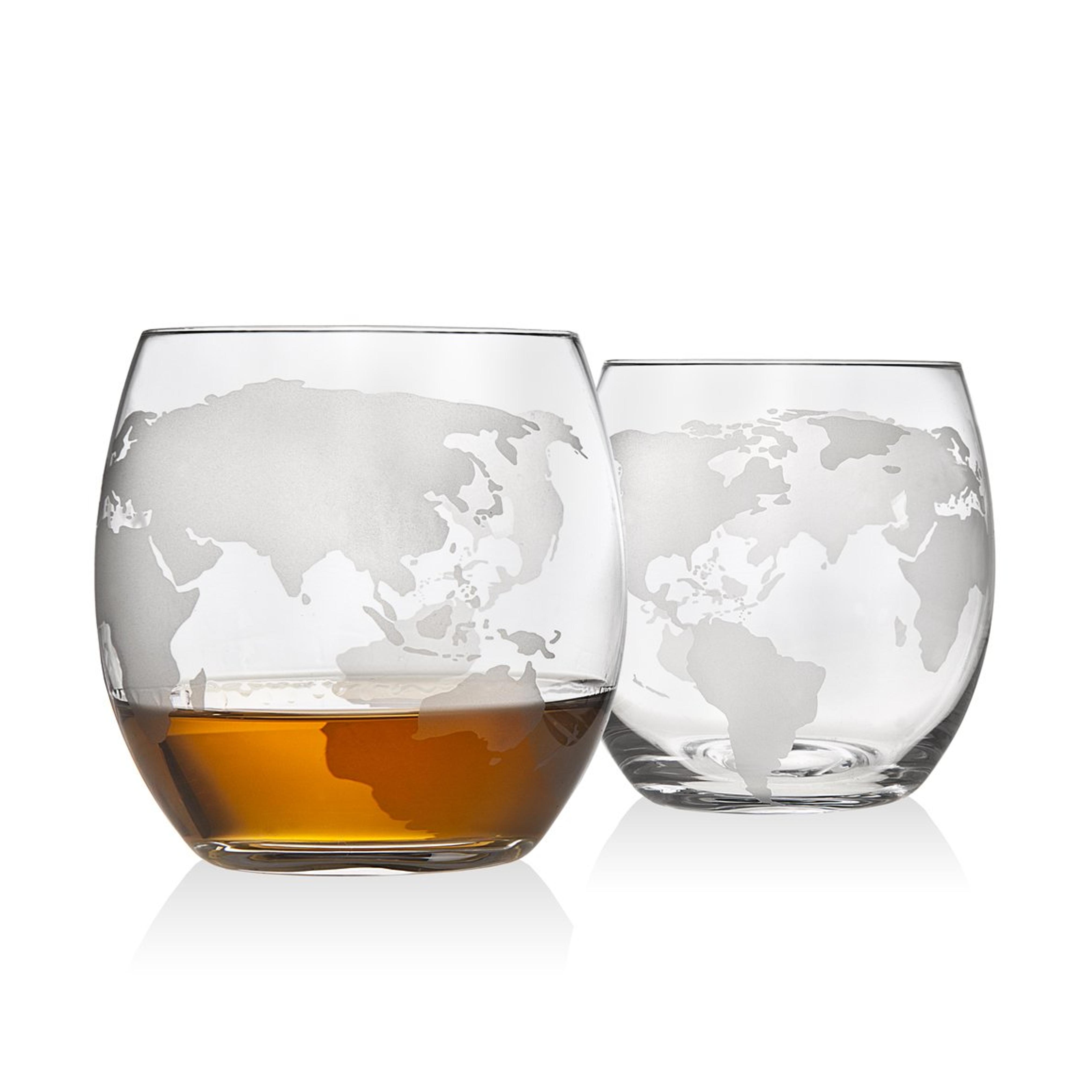 Godinger Old Fashioned Whiskey Glasses, Etched Globe Map - Set of 2