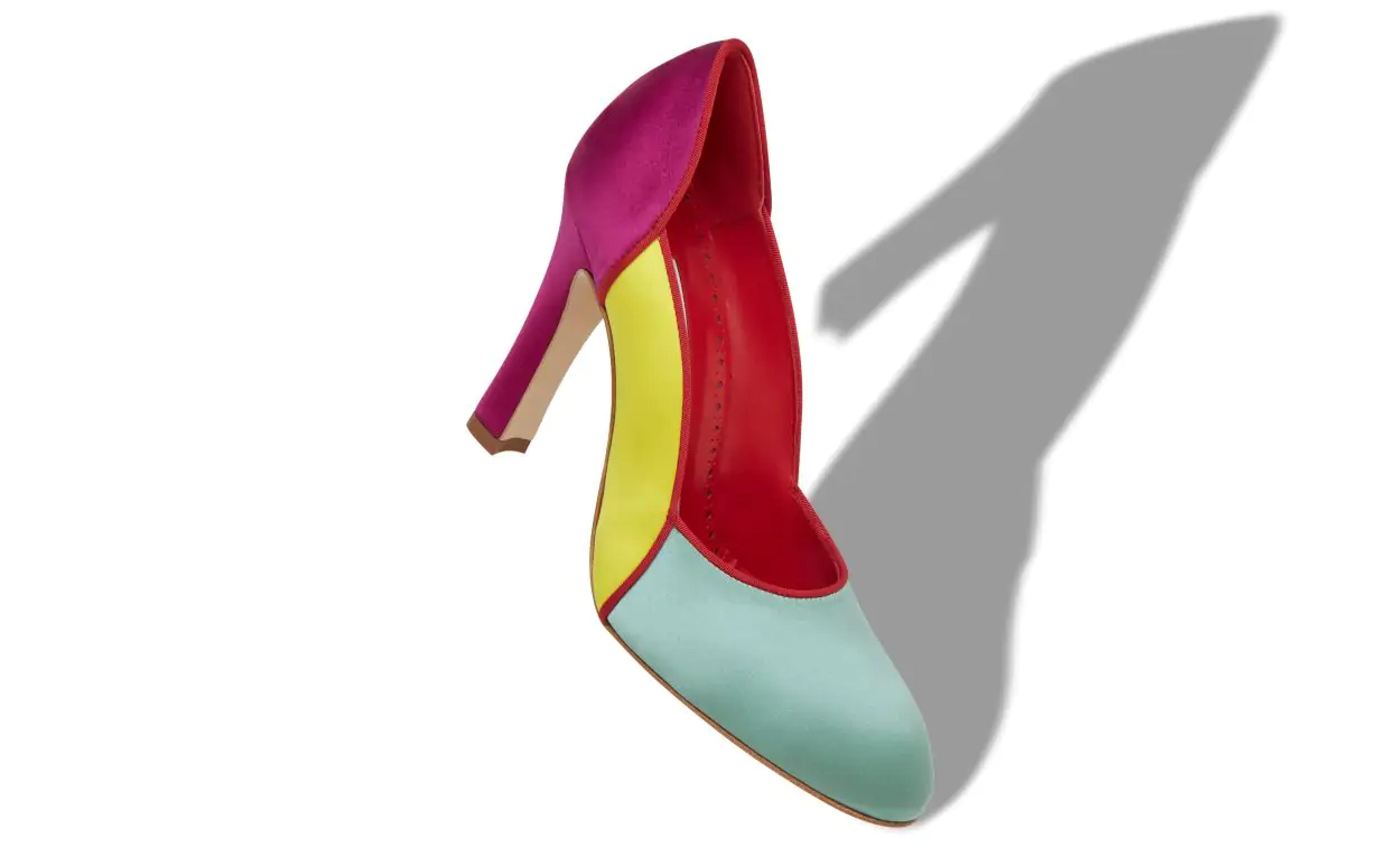 TRIONAN | Teal, Yellow and Pink Satin Scalloped Pumps | Manolo Blahnik