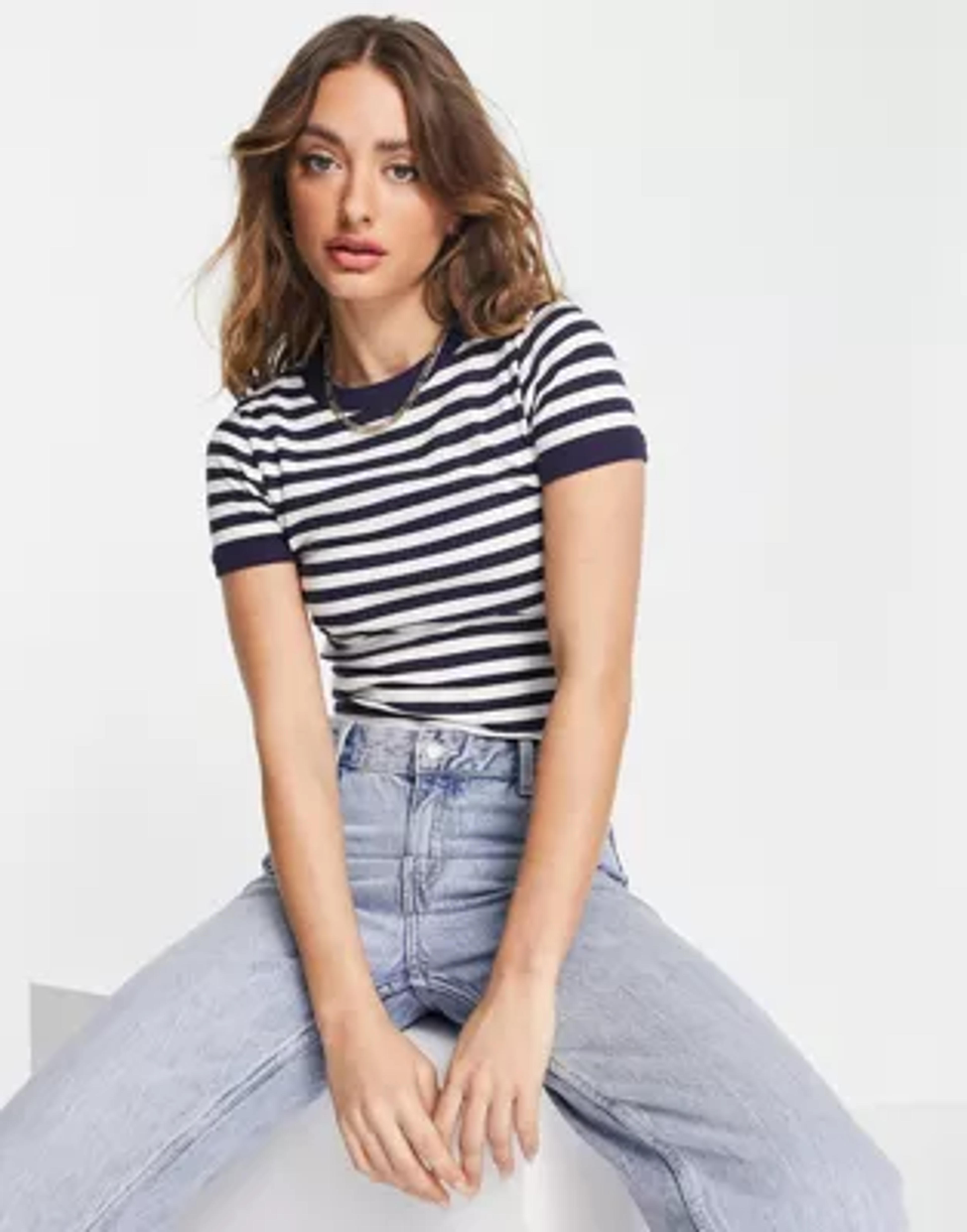 ASOS DESIGN slim fit t-shirt in rib in navy and white stripe