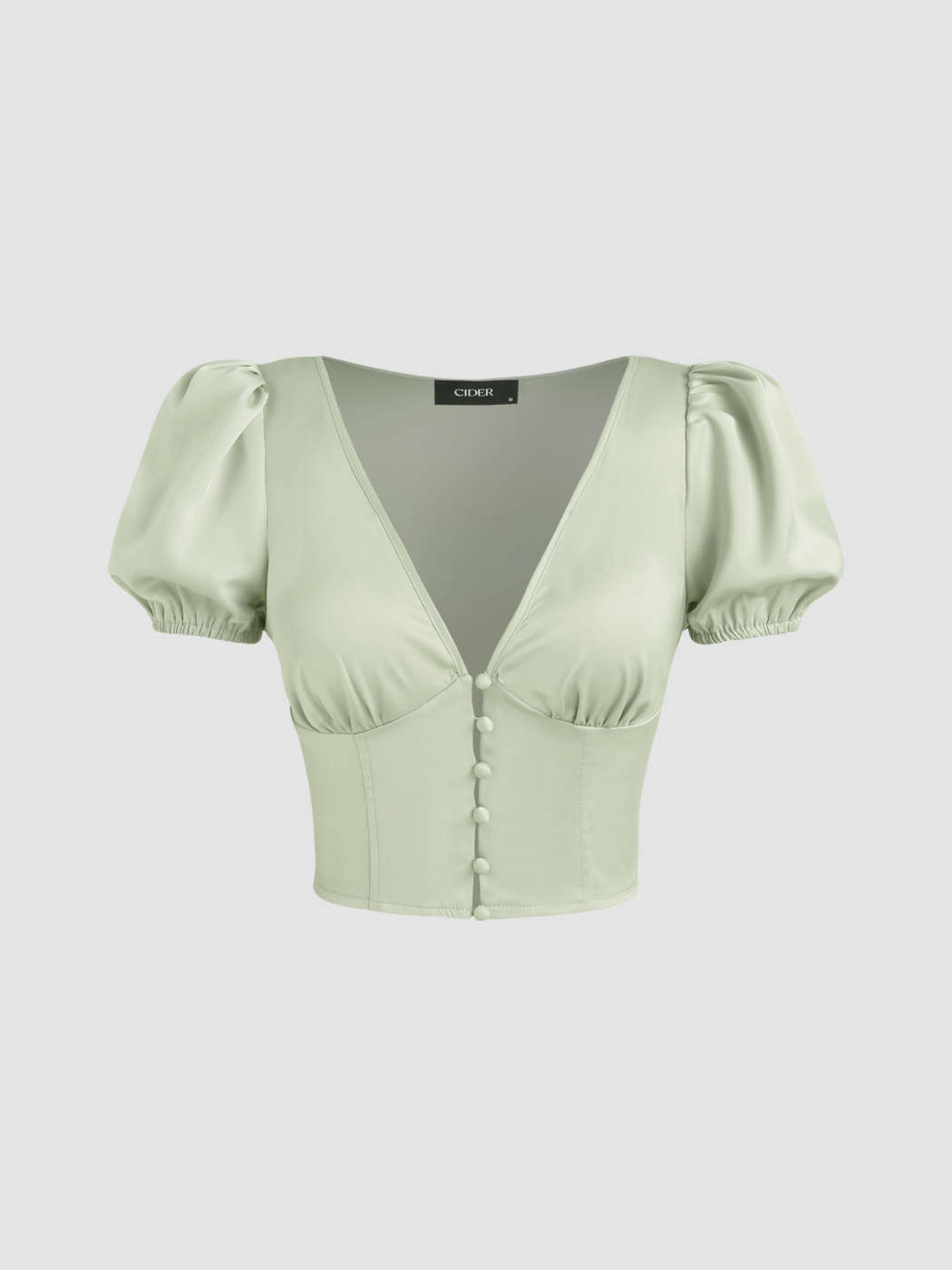 Satin V-neck Corset Short Sleeve Blouse - Cider