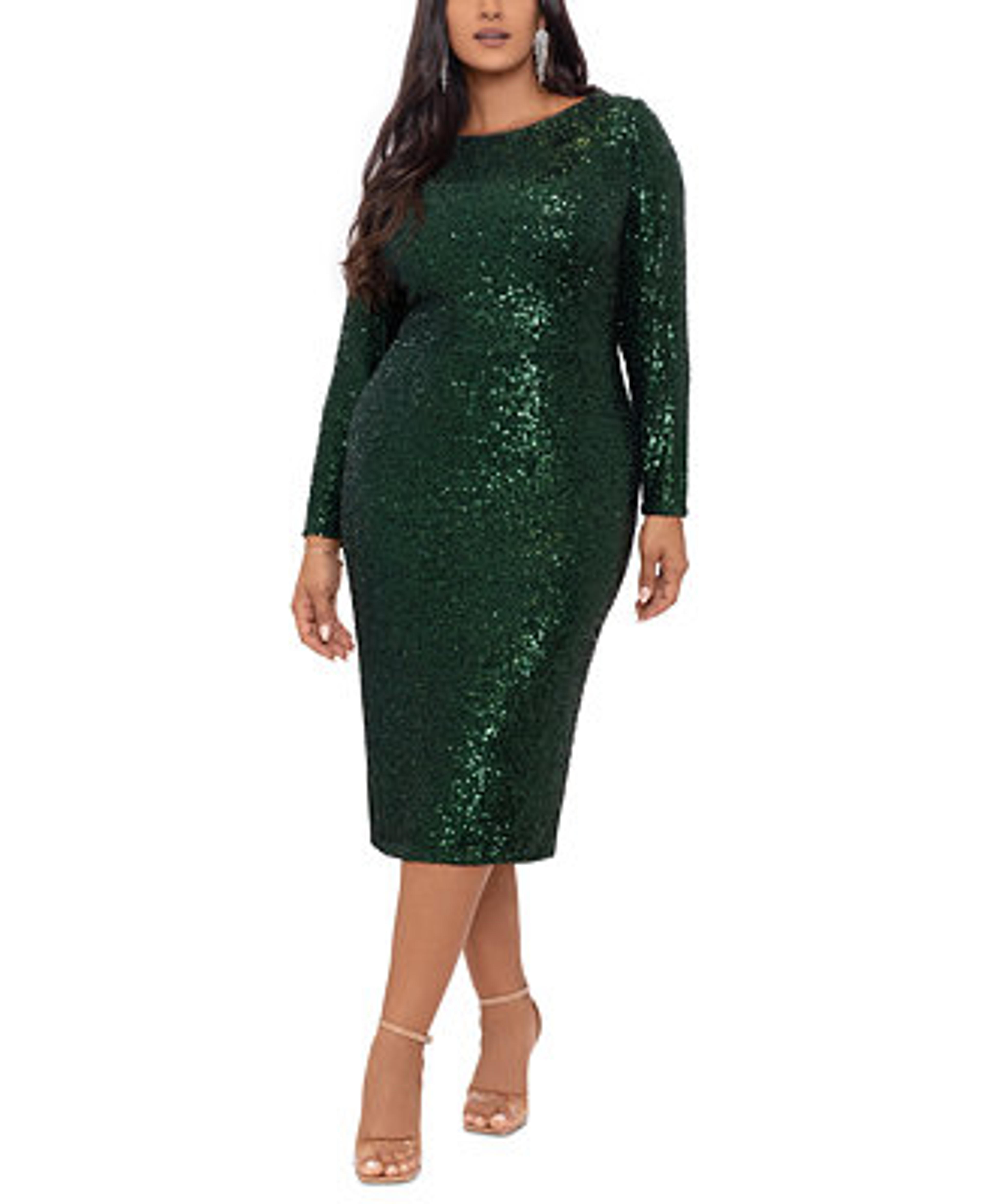 XSCAPE Plus Size Sequined Long-Sleeve Midi Dress & Reviews - Dresses - Plus Sizes - Macy's