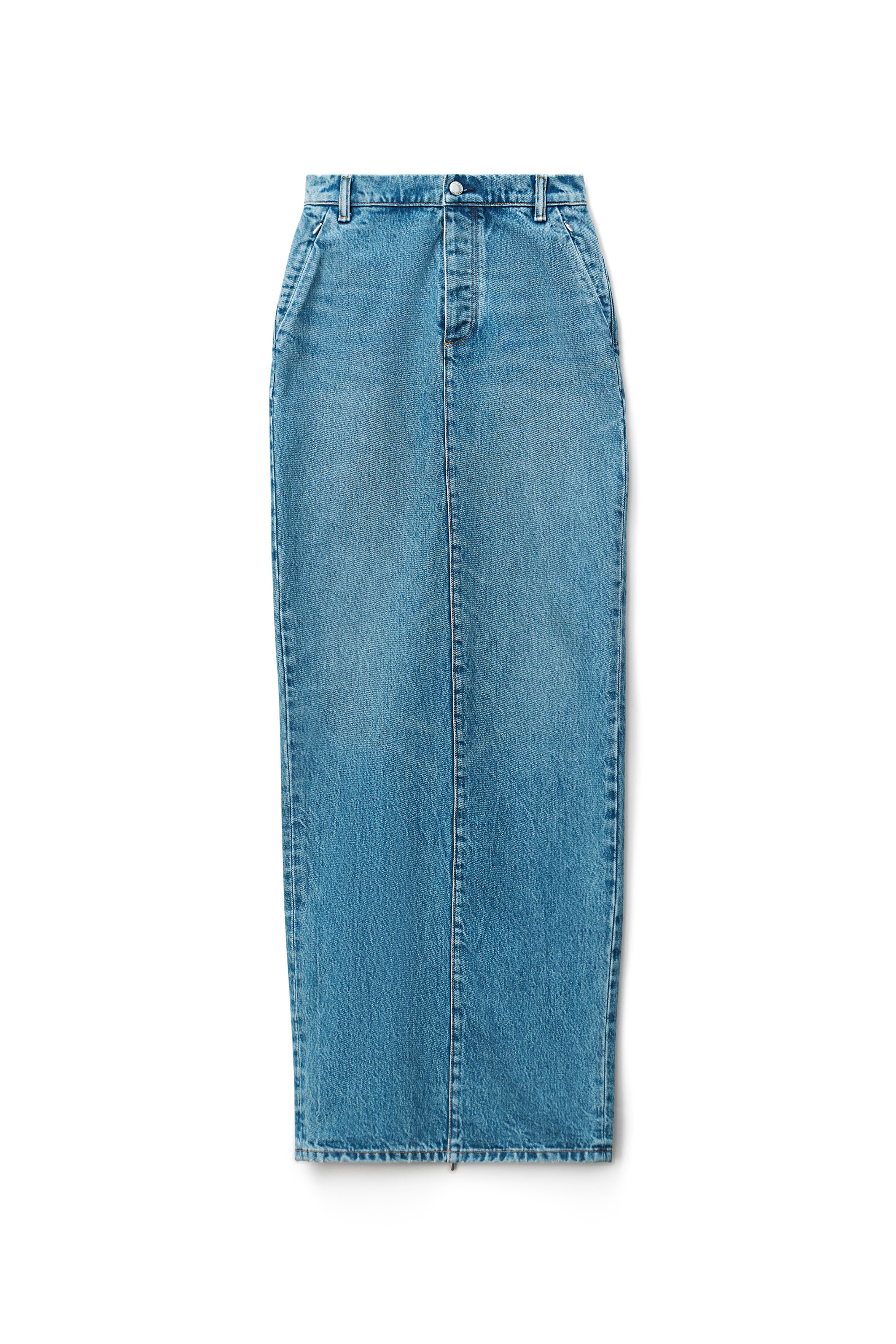 INVISIBLE ZIP MAXI SKIRT IN INDIGO DENIM