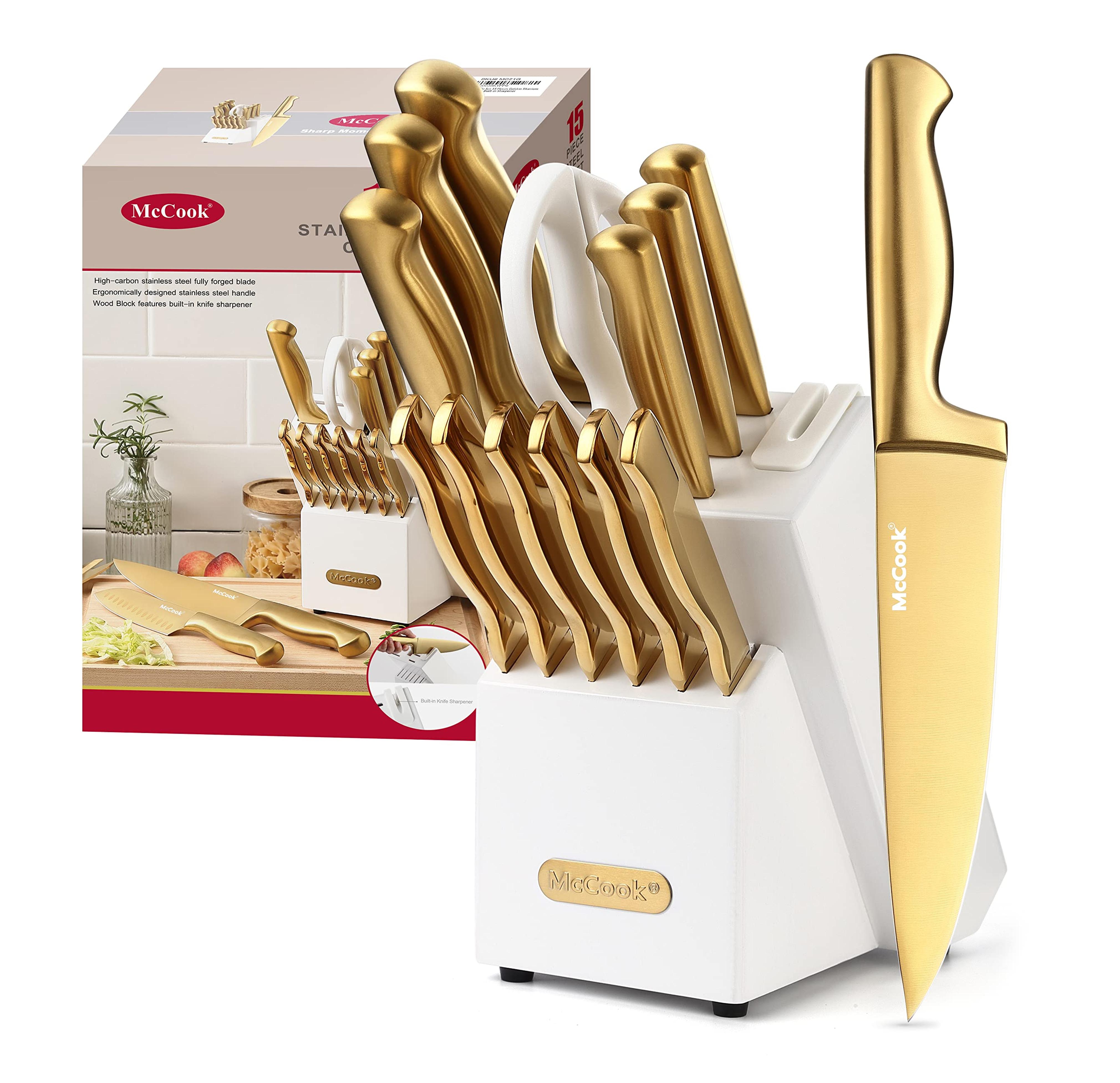 Amazon.com: McCook® MC21G Knife Sets,15 Pieces Luxury Golden Titanium Kitchen Knife Block Sets with Built-in Sharpener: Home & Kitchen