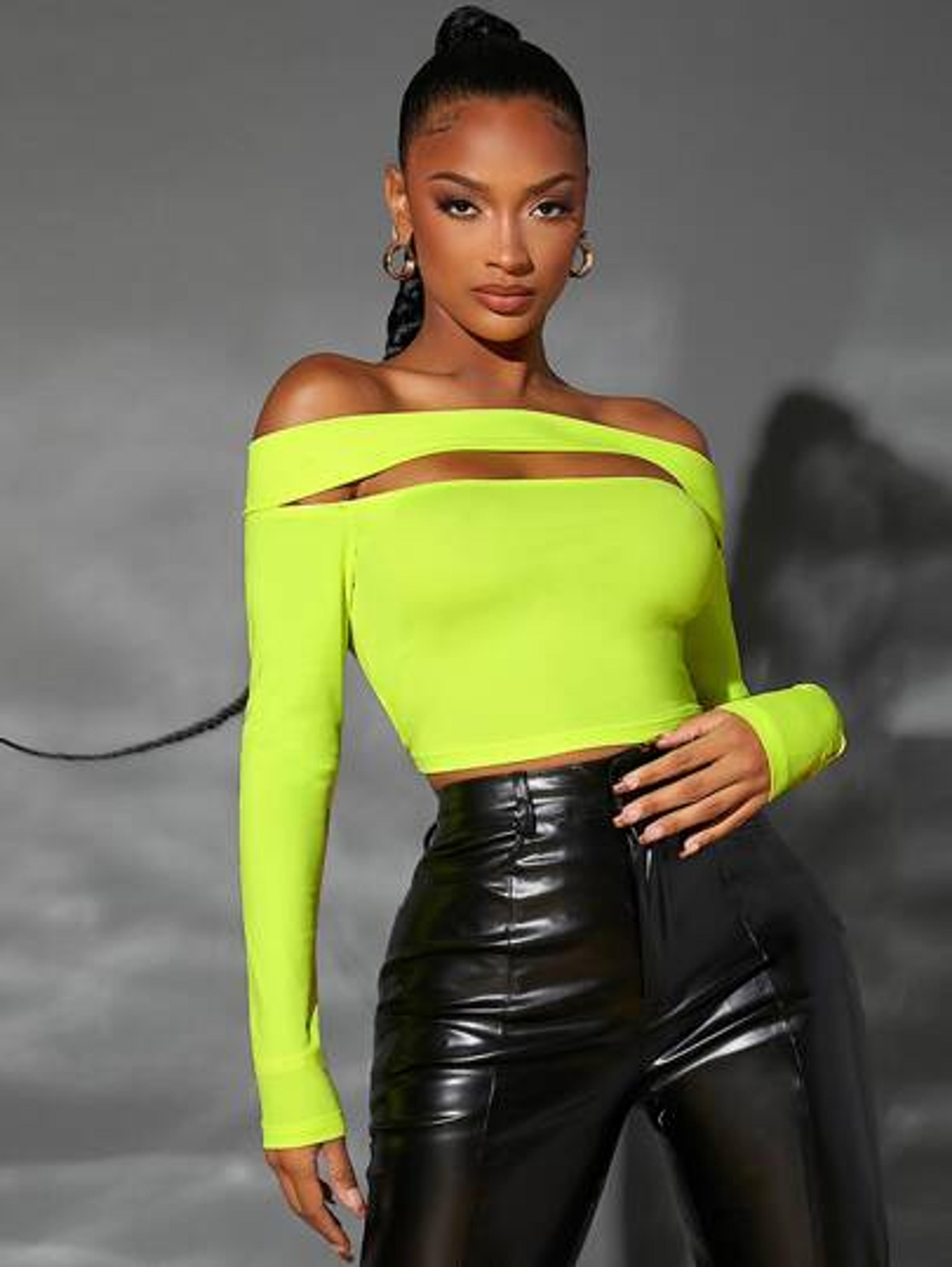 SHEIN SXY Neon Lime Off Shoulder Cutout Crop Tee