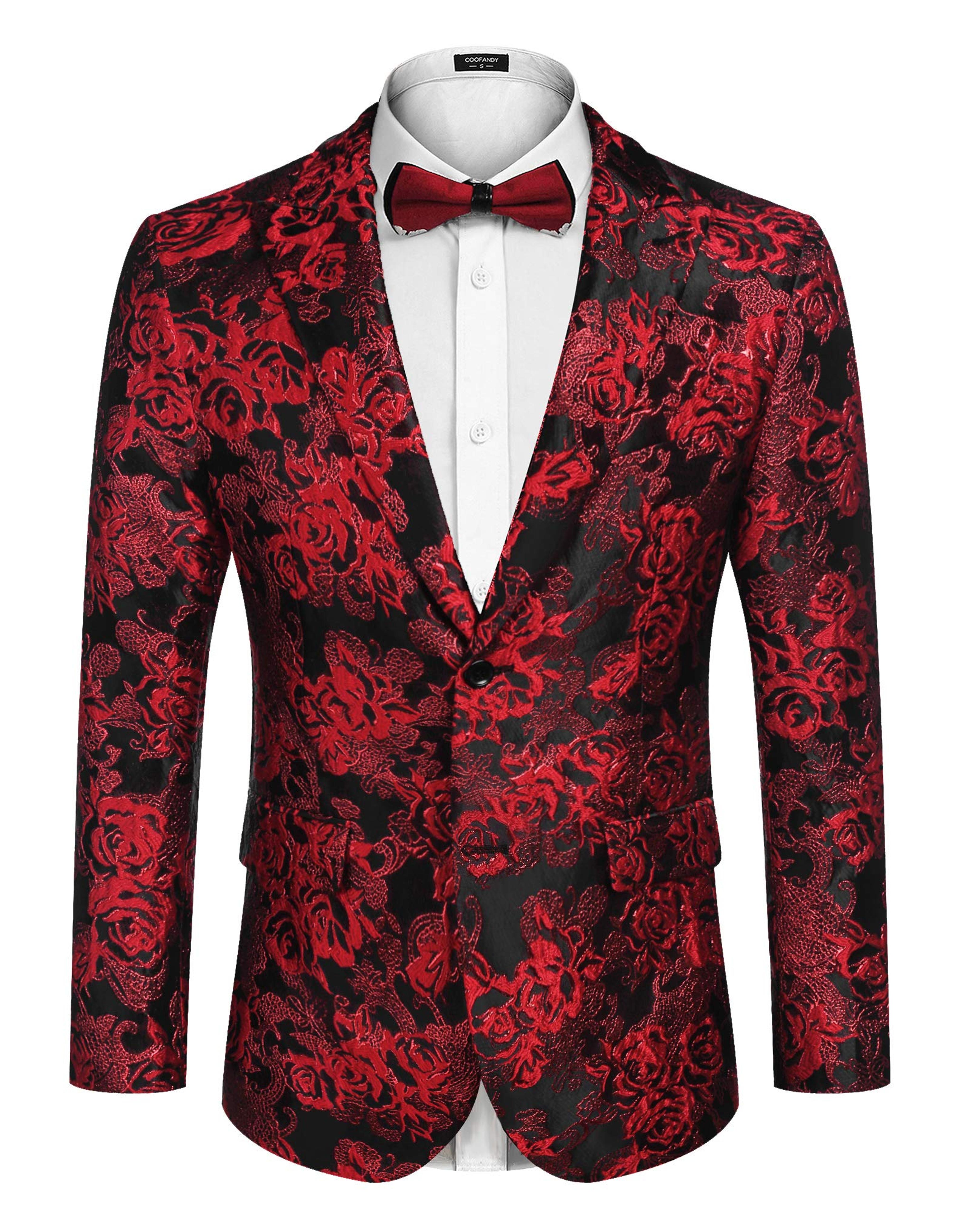 COOFANDY Men's Floral Tuxedo Jacket Rose Embroidered Suit Jacket Wedding Prom Dinner Party Blazer