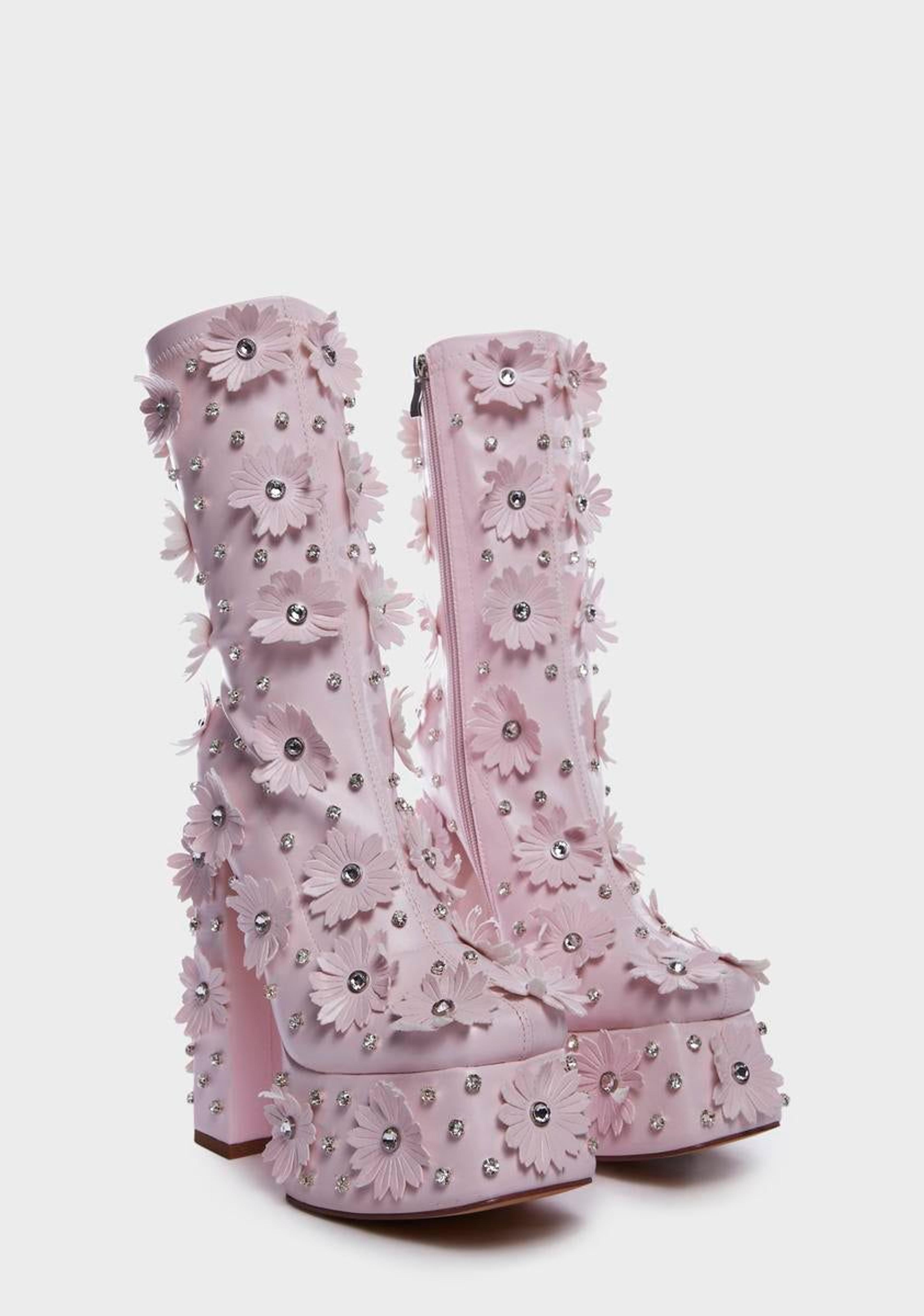 AZALEA WANG Floral Rhinestone Platform Boots - Pink