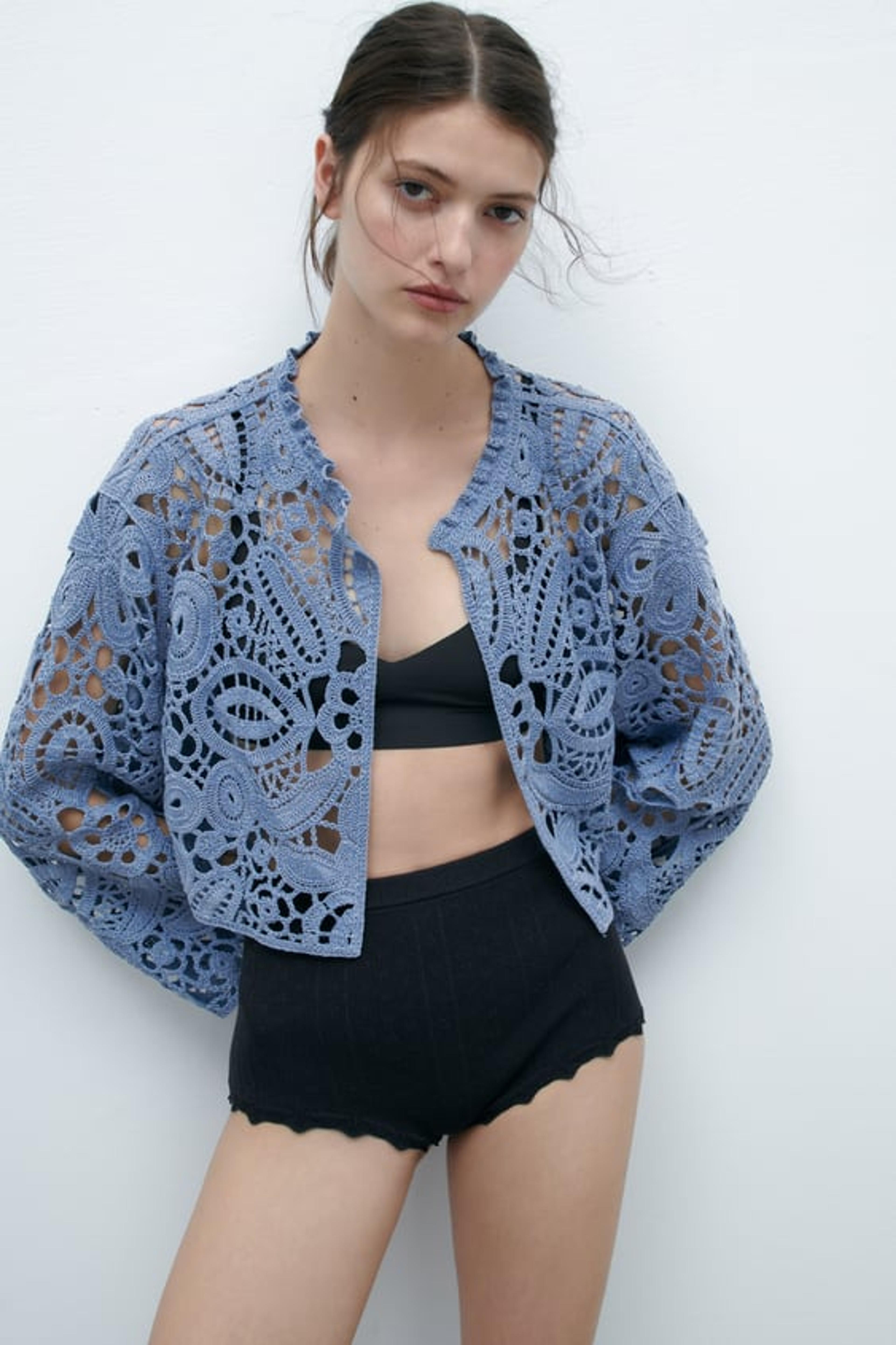 CROP MACRAMÉ KNIT CARDIGAN LIMITED EDITION - Mid-blue | ZARA United States