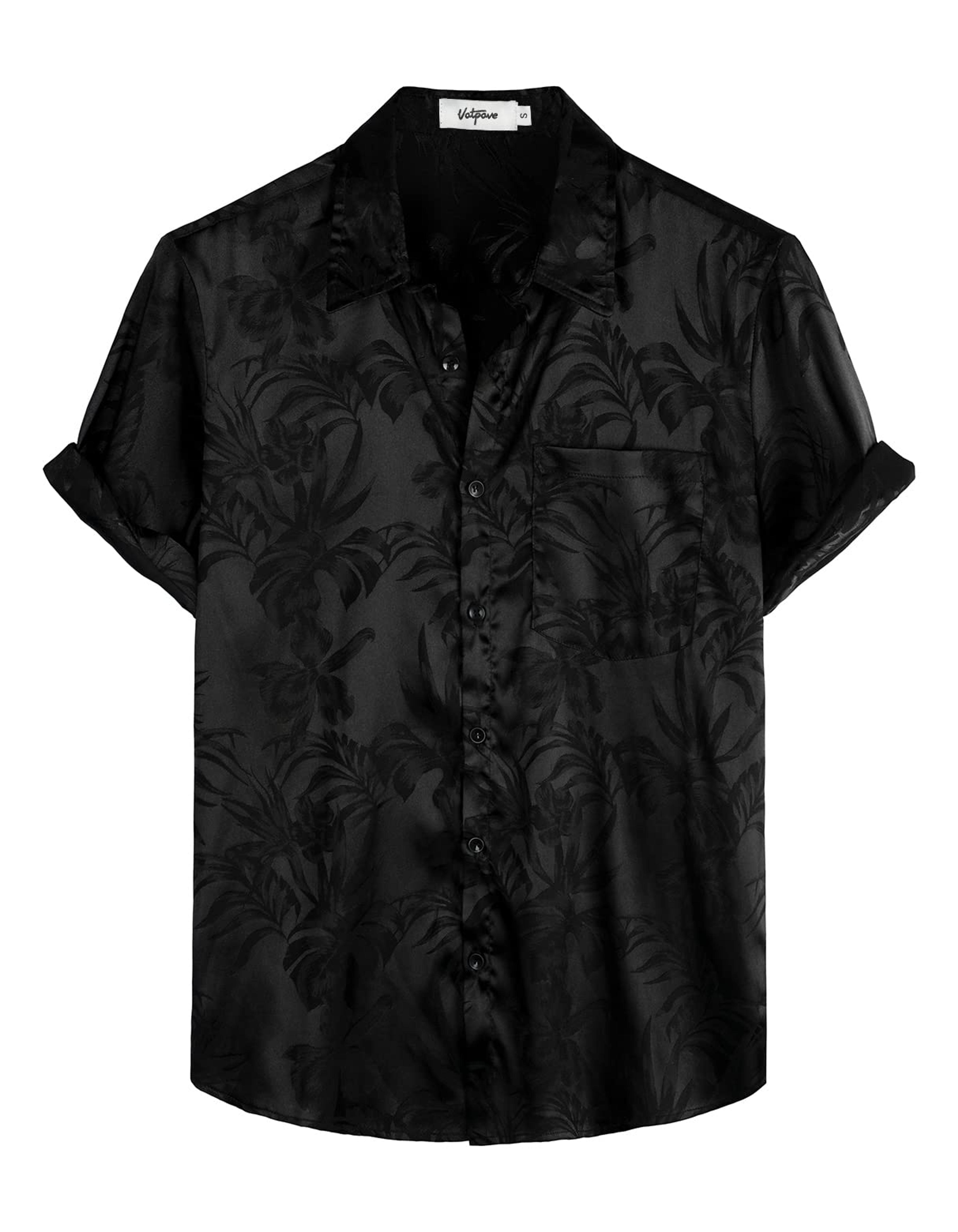 VATPAVE Mens Summer Jacquard Regular Fit Shirts Casual Button Down Short Sleeve Beach Tops with Pocket X-Large Black Flower at Amazon Men’s Clothing store