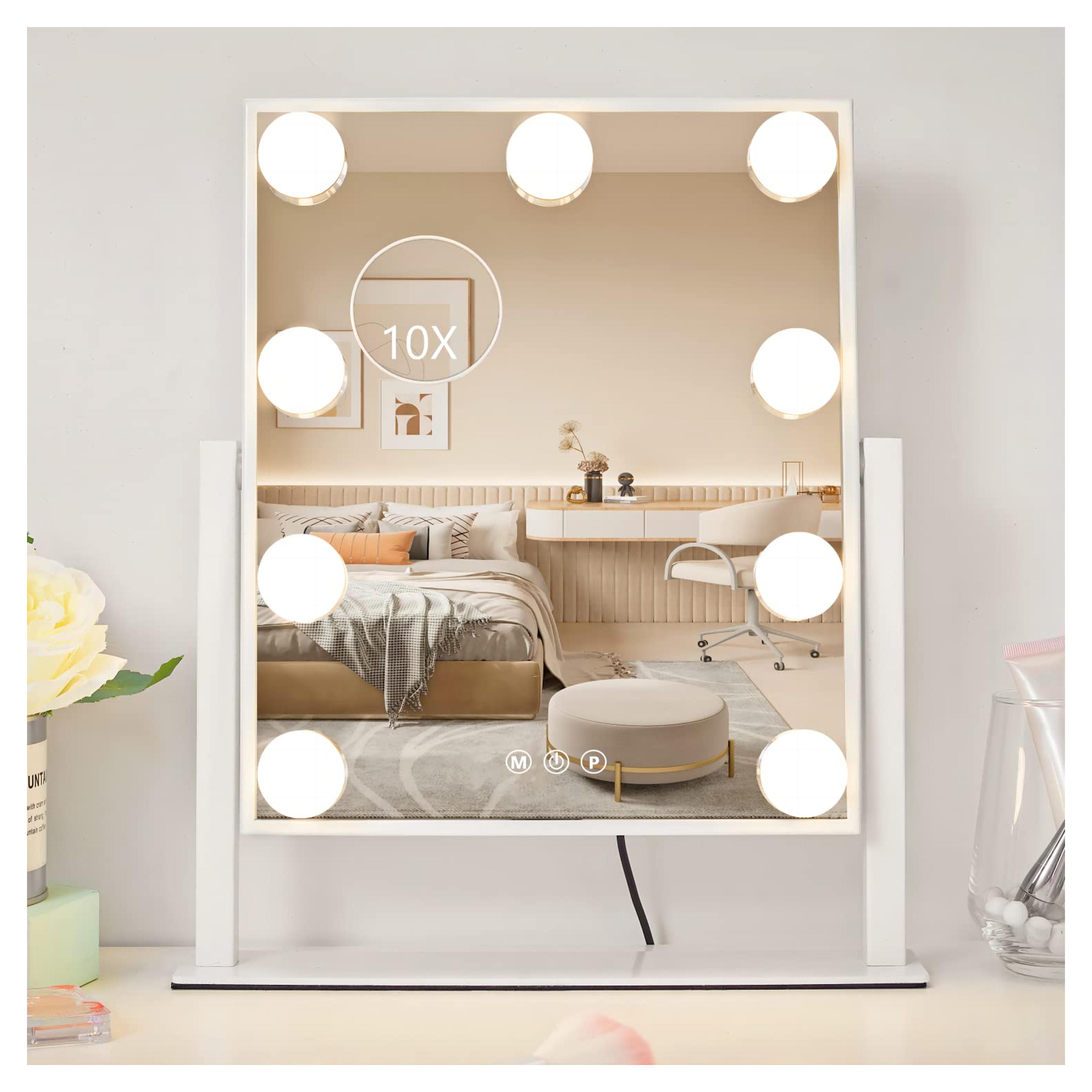 NUSVAN Vanity Mirror with Lights,Makeup Mirror with Lights with 9 Dimmable LED Bulbs, 3 Color Lighting Modes Detachable 10X Magnification Mirror Touch Control,360°Rotation