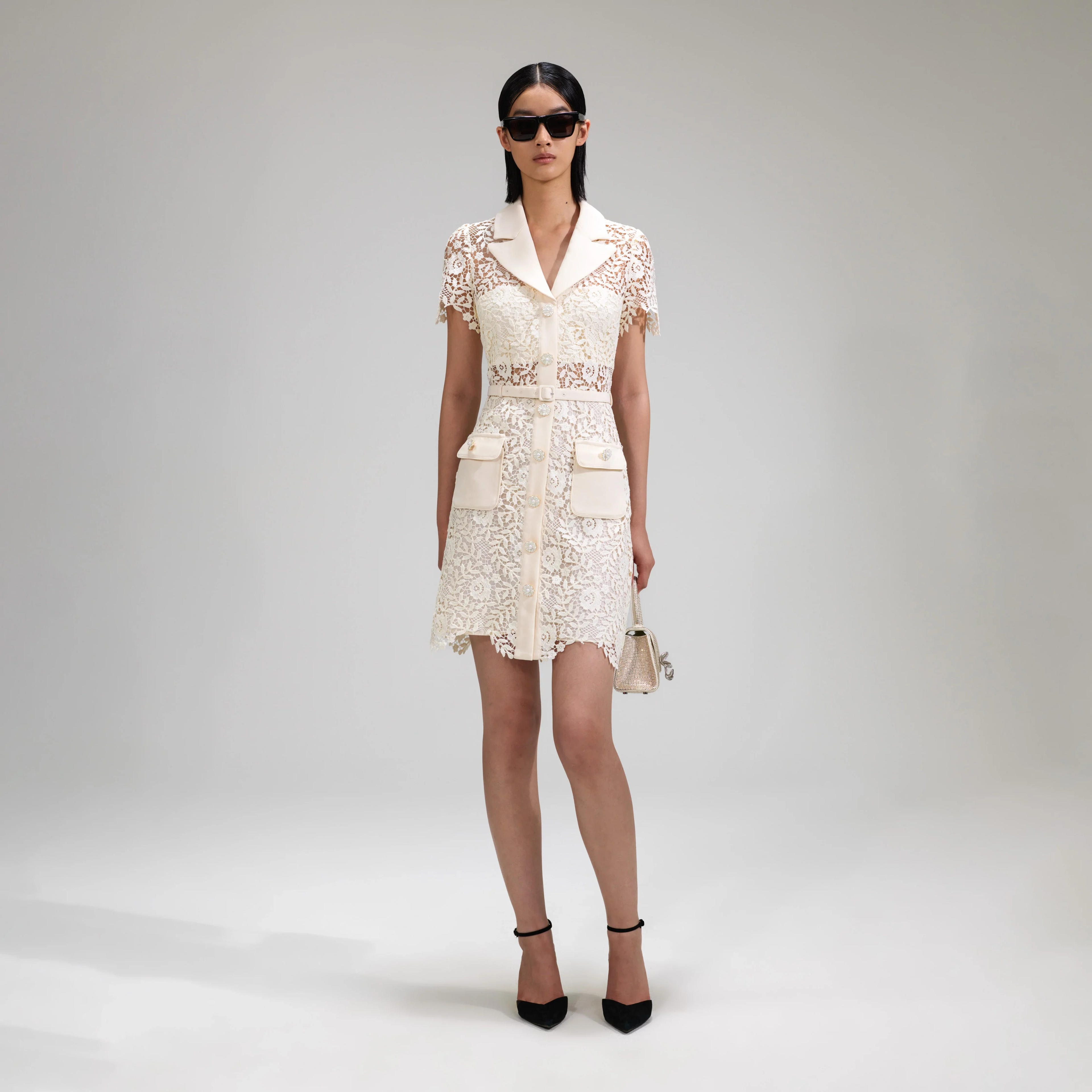 Cream Rose Lace Mini Dress | self-portrait-US