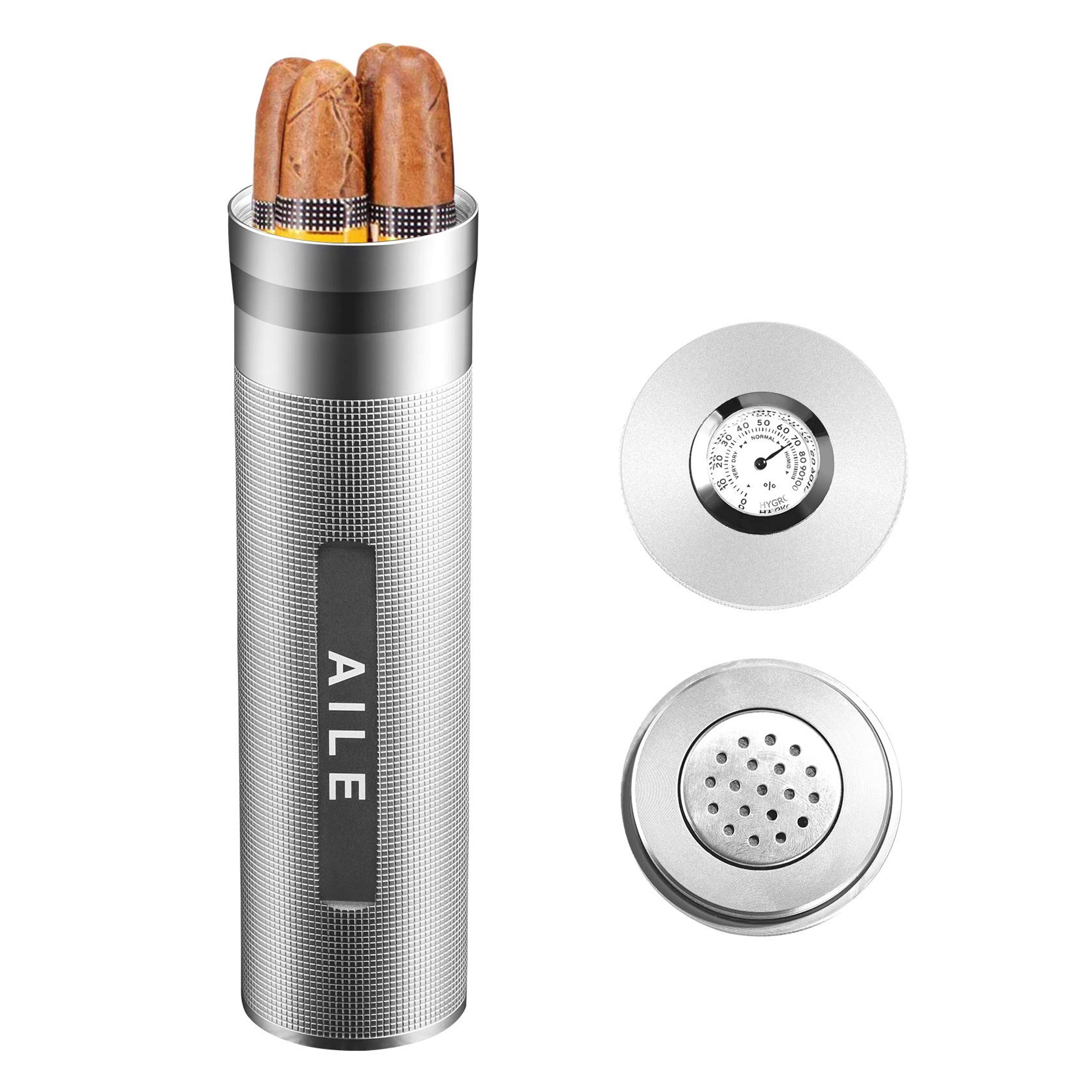 Amazon.com: AILE Cigar Stainless Steel humidor Silver Travel Cigar case Tube for 3 to 4 Cigars, Portable Cigar case, Cigar Hygrometer, Great Gift for Lover : Health & Household