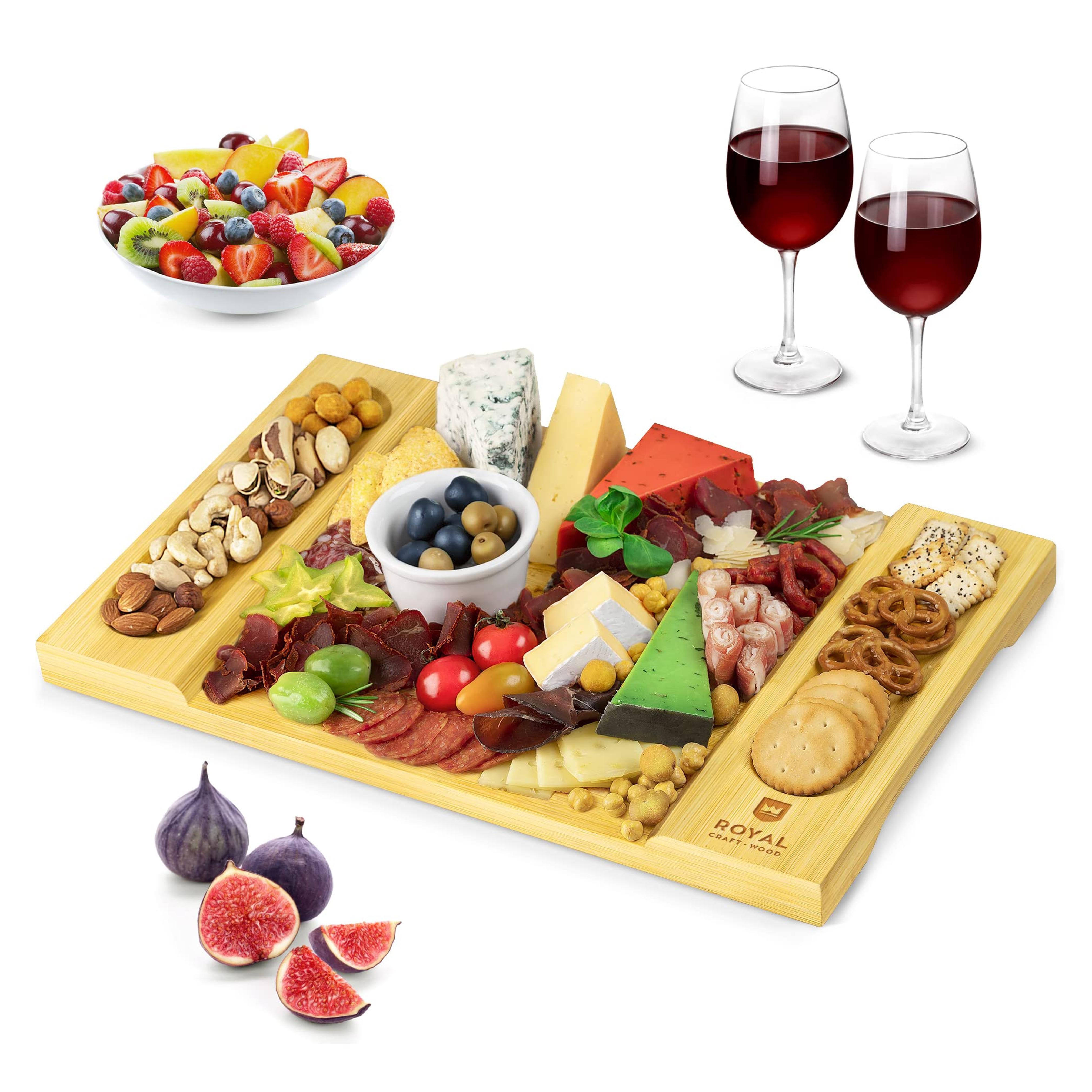 Amazon.com | Unique Bamboo Cheese Board, Charcuterie Platter and Serving Tray for Wine, Crackers, Brie and Meat. Large and Thick Natural Wooden Server - Fancy House Warming Gift: Serveware Accessories