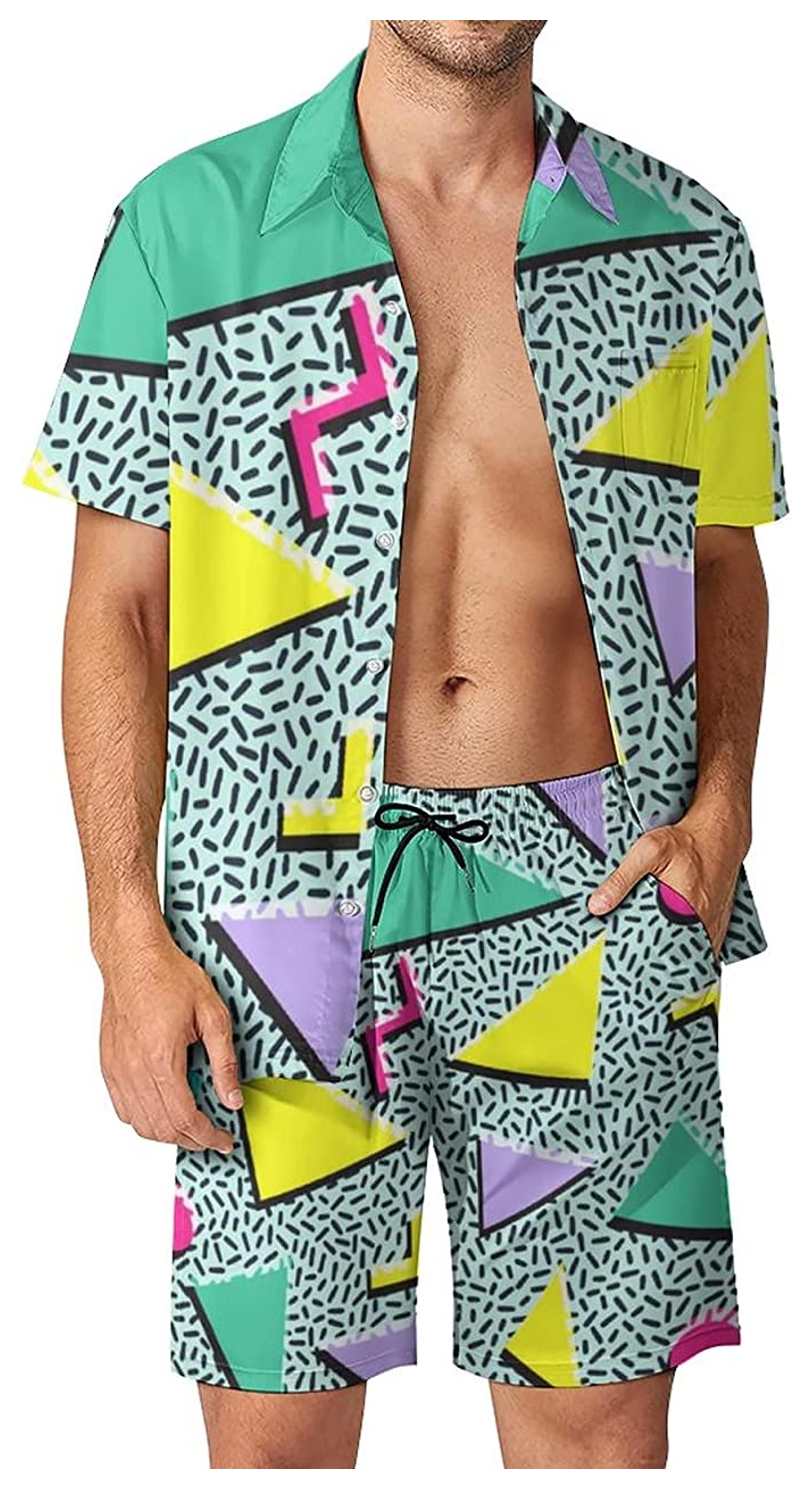 Men's Hawaiian Shirts Shorts 2 Piece Retro 80s 90s Neon Casual Button Down Short Sleeve Shirts Beach Shorts Suits