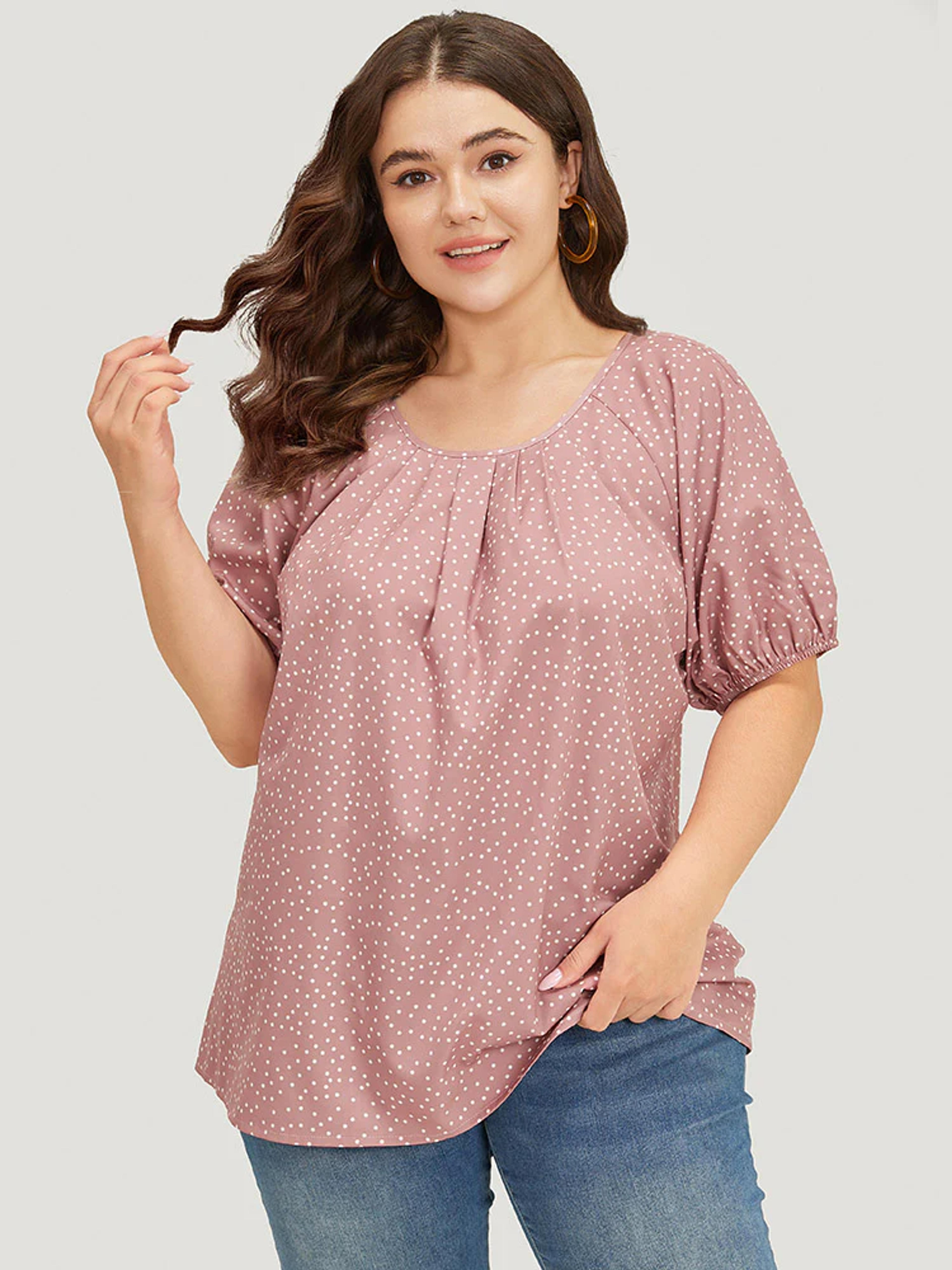 Polka Dot Pleated Round Neck Puff Sleeve Blouse - Dusty Pink / 14-16/1X