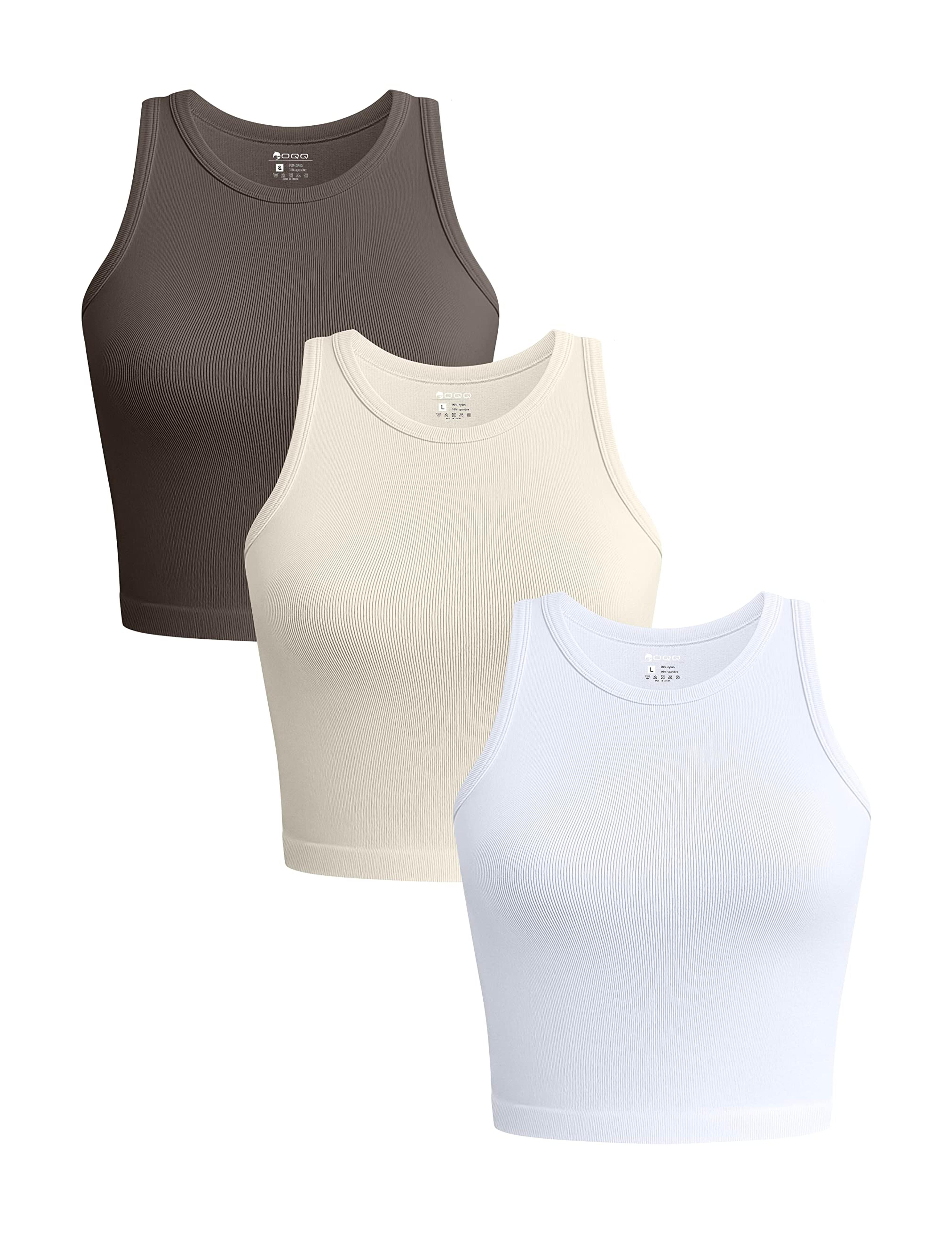 OQQ Women's 3 Piece Tank Shirt Ribbed Seamless Yoga Workout Exercise Racerback Crop, Tea Leaf Beige White, Small