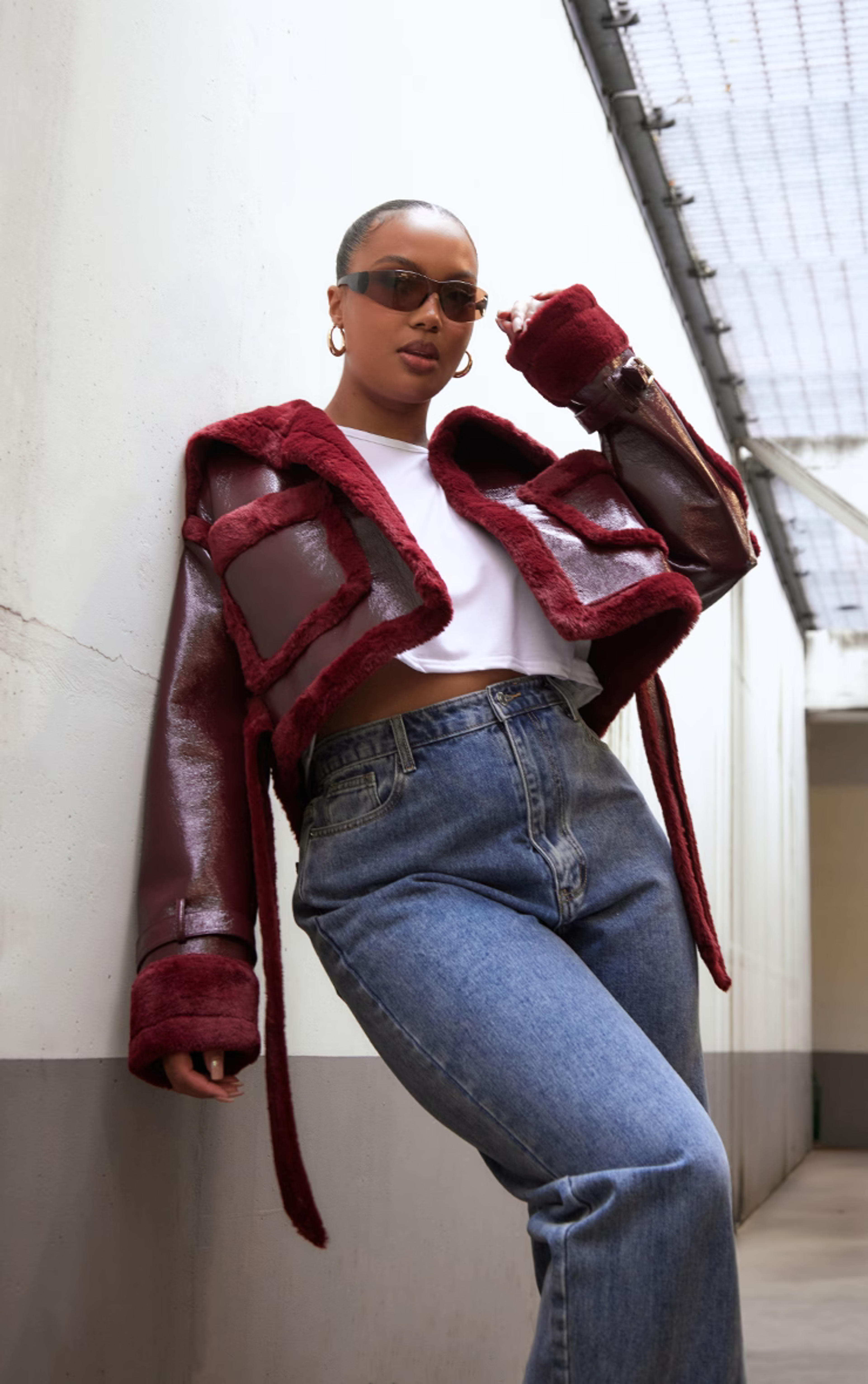 Plus Burgundy Vinyl Faux Fur Trim Tie Waist Cropped Coat