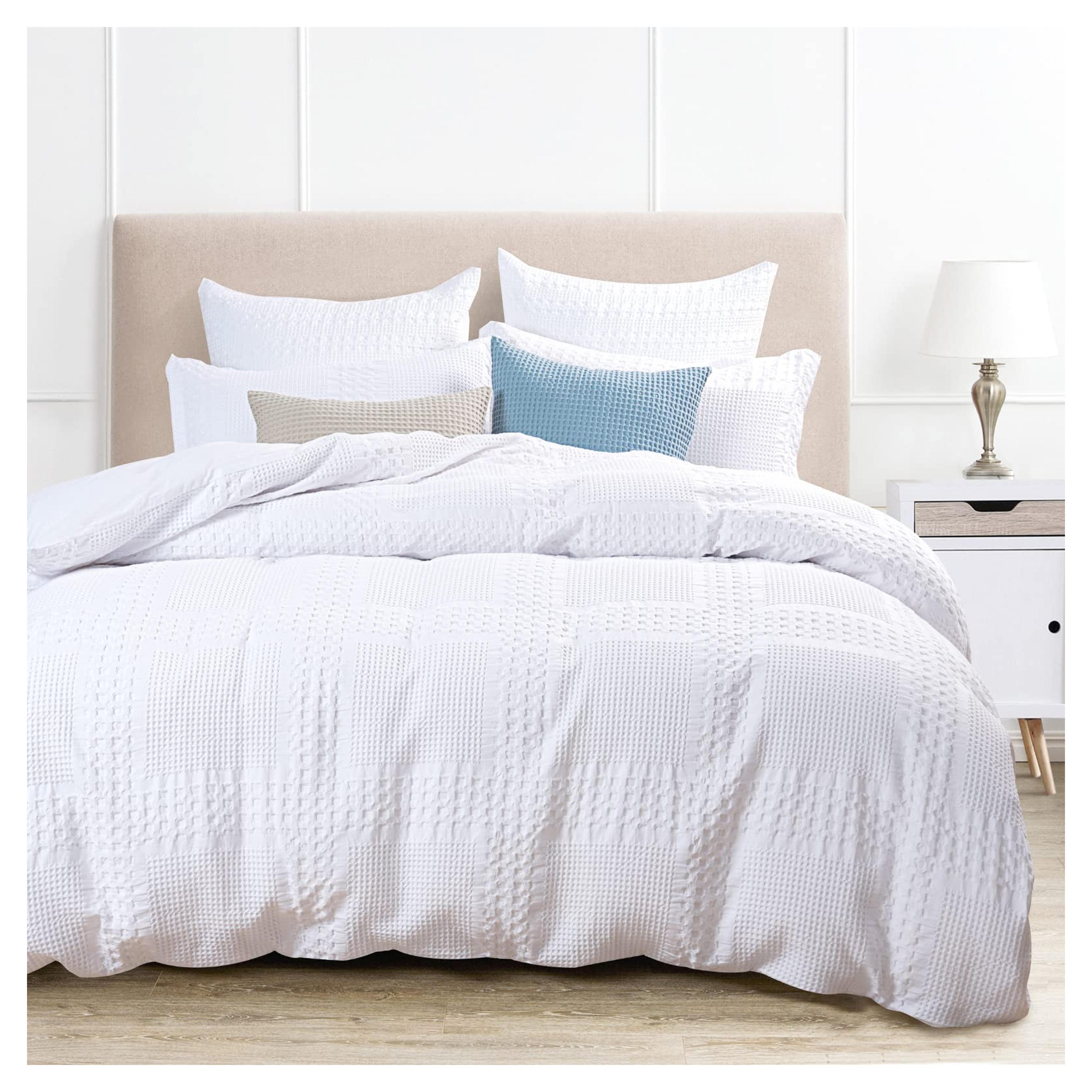 PHF 100% Cotton Duvet Cover Queen Size, Waffle Weave Duvet Cover Set for All Season, Pre-Washed Soft Decorative Textured Duvet Cover with Pillow Shams Bedding Collection, 90"x92", White Queen White