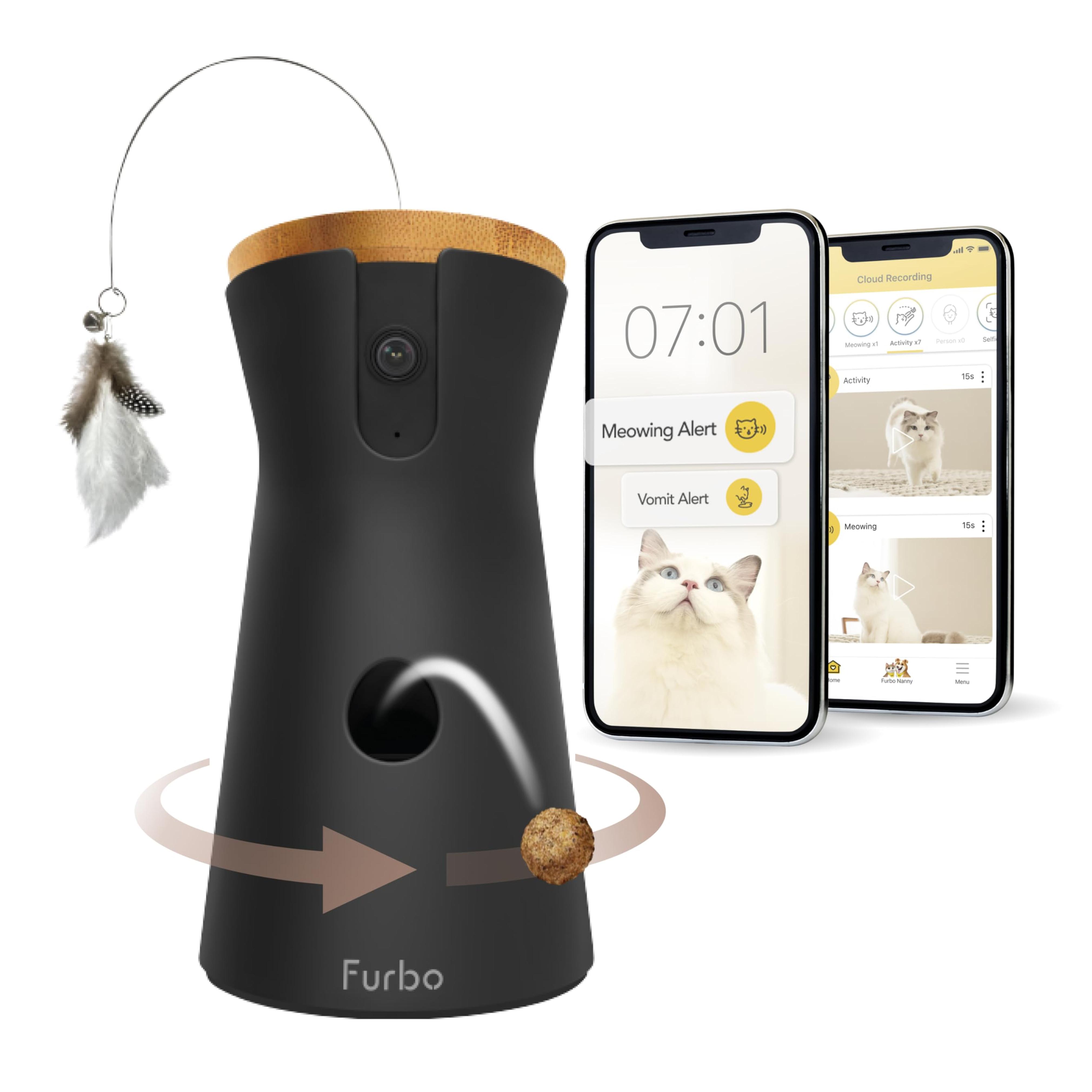 Amazon.com: Furbo 360° Cat Camera - [New] Rotating 360° View Wide-Angle Cat Treat Dispenser with Camera, Feather Wand Toy, Color Night Vision, 1080p HD Pan, 2-Way Audio, Meowing Alerts, WiFi, Designed for Cats : Pet Supplies