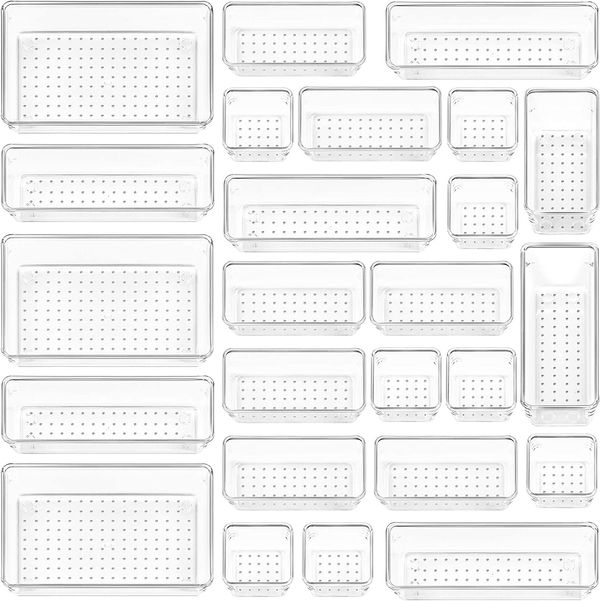 25 PCS Clear Plastic Drawer Organizers Set, Vtopmart 4-Size Versatile