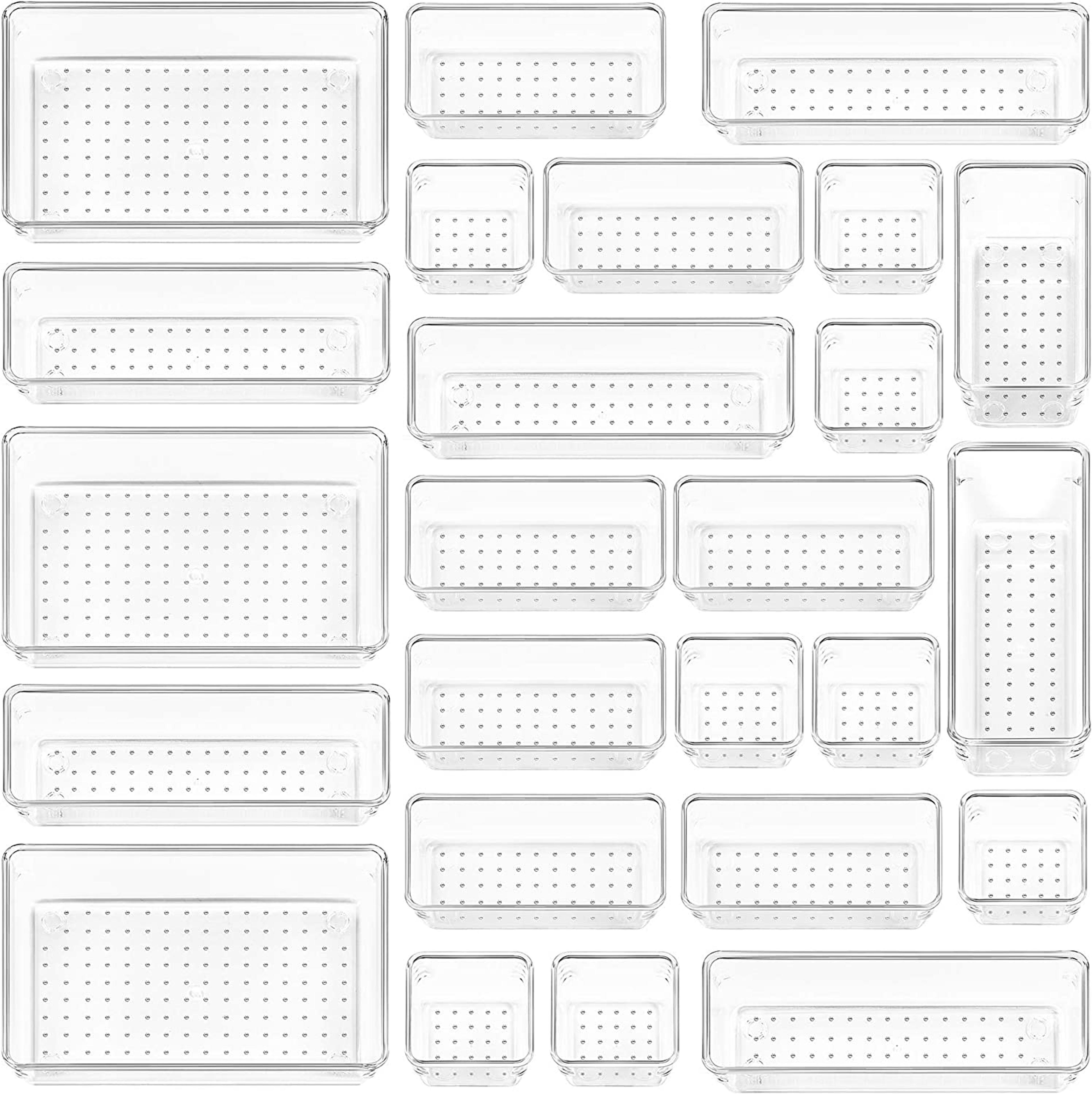 25 PCS Clear Plastic Drawer Organizers Set, Vtopmart 4-Size Versatile Bathroom and Vanity Drawer Organizer Trays, Storage Bins for Makeup, Jewelries, Kitchen Utensils and Office