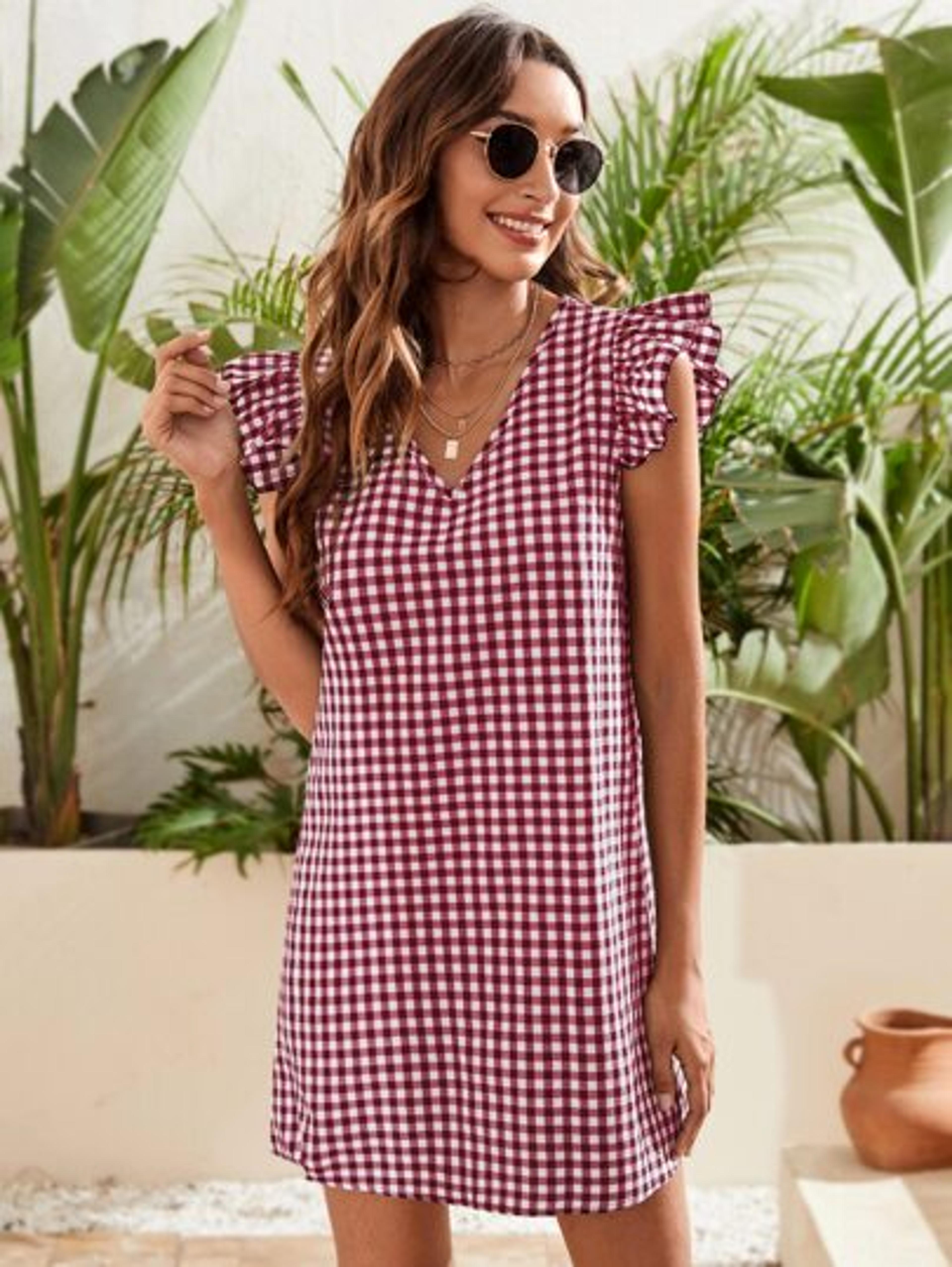 Gingham Ruffle Cuff Tunic Dress | SHEIN USA