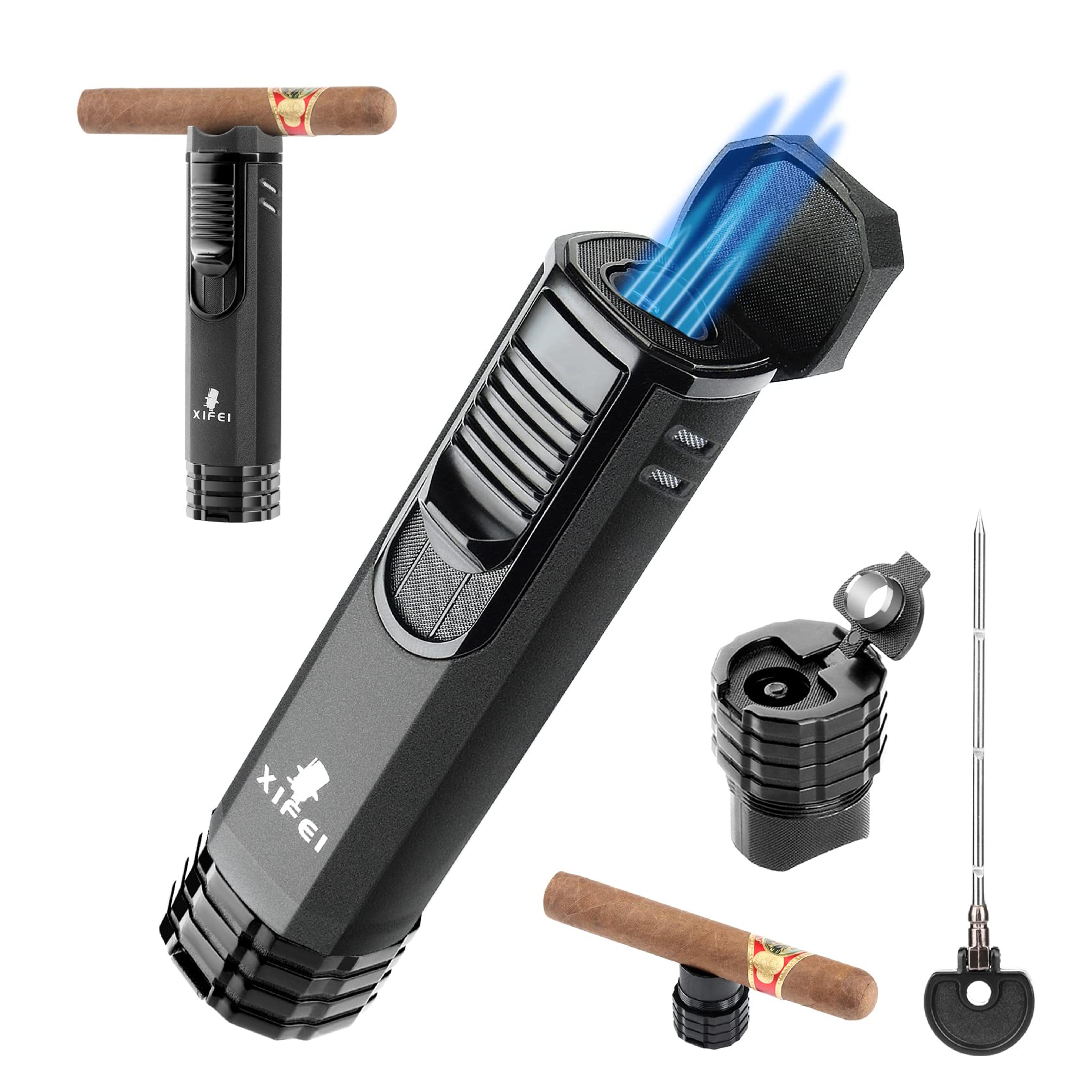 Amazon.com: XIFEI Cigar Lighter 3-Angled Jet Flames, Cigar Puncher, Cigar Draw Enhancer, Cigar Stand, 4-in-1Refillable Butane Torch Lighter (Sand Black) : Health & Household