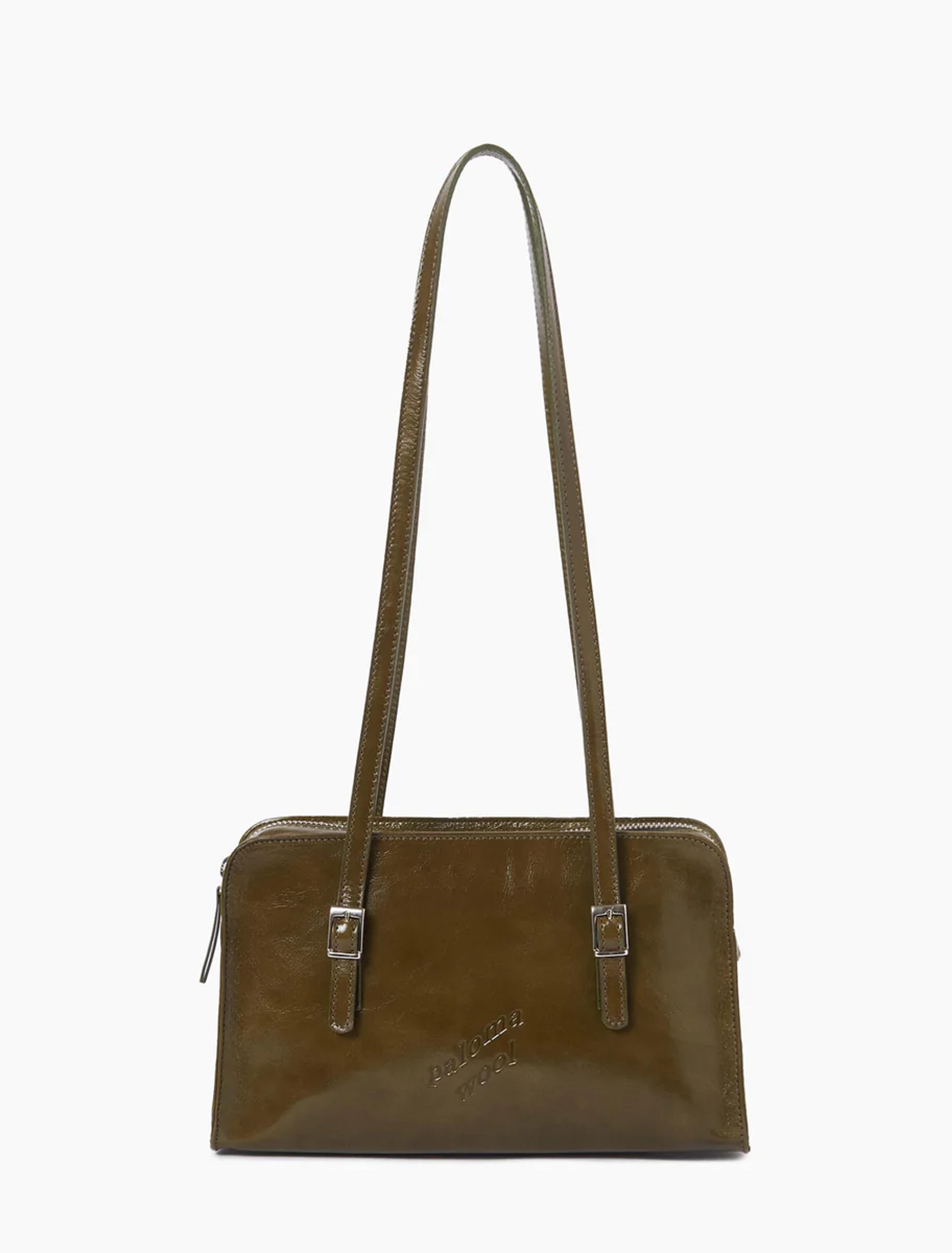 CAYETANO- Khaki shiny leather bag with engraved logo by Paloma Wool