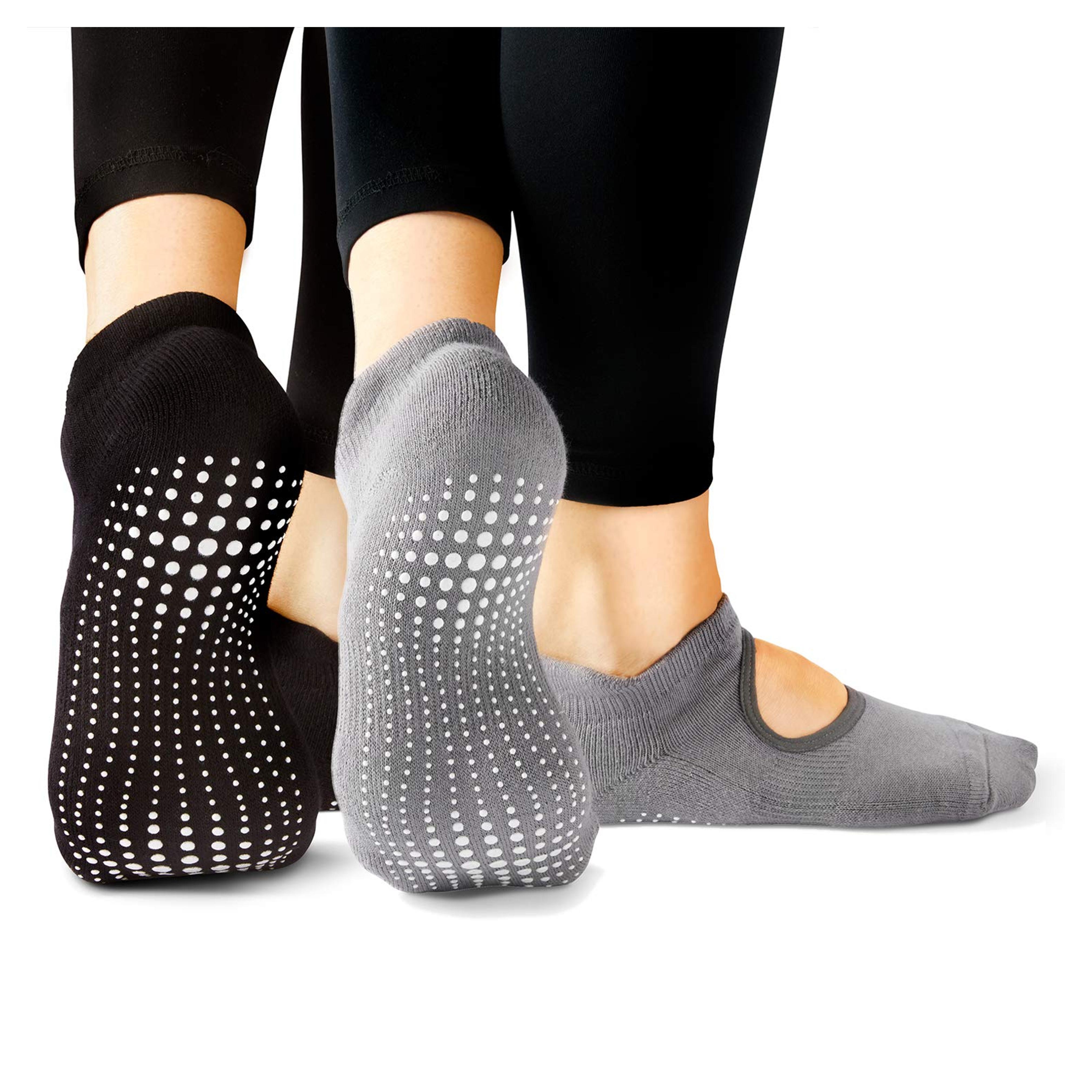 LA Active Grip Socks - 2 Pairs - Yoga Pilates Barre Non Slip - Ballet (Noire Black and Powder Grey, Large)