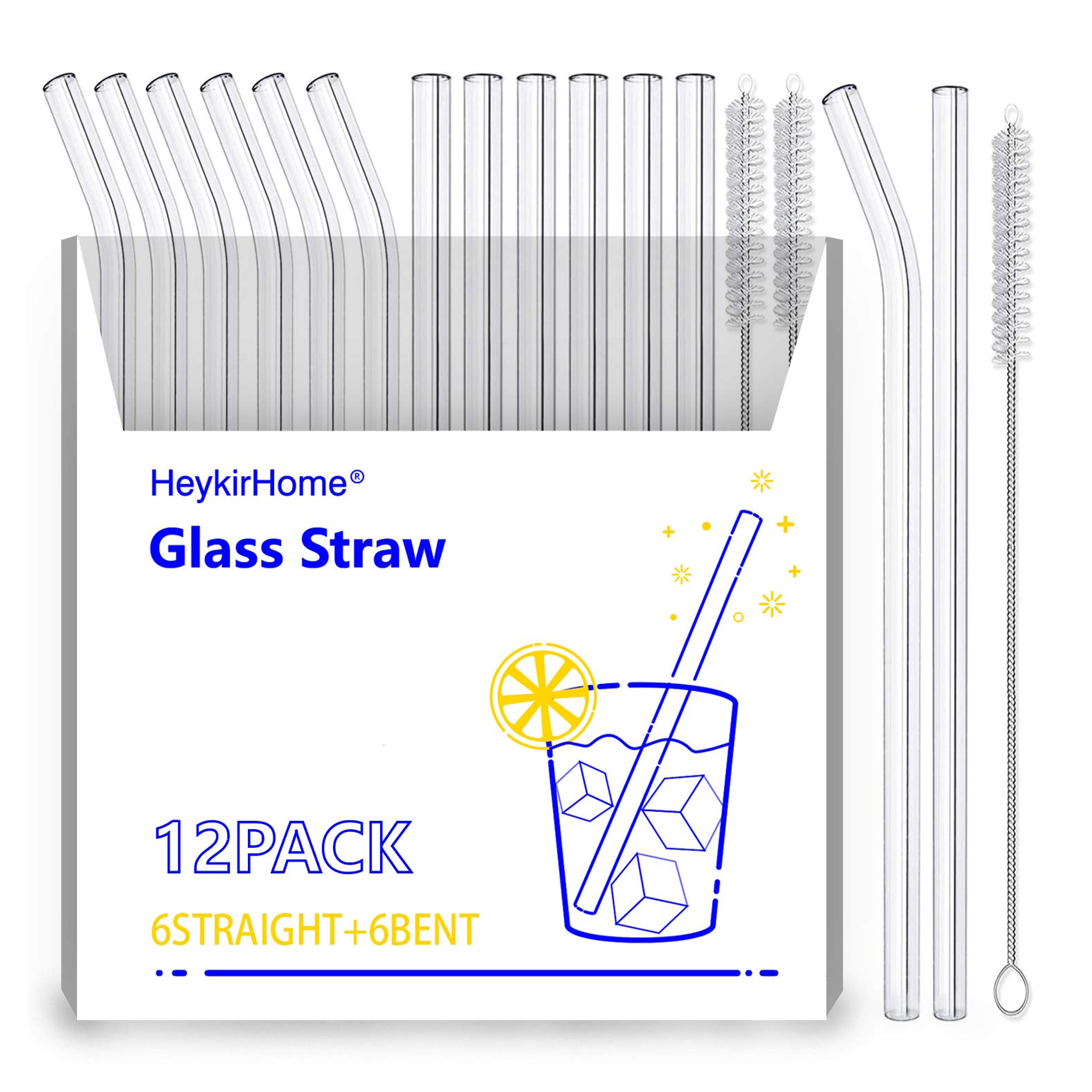 HeykirHome 12-Pack Reusable Glass Straw,Size 8.5''x10 MM,Including 6 Straight and 6 Bent with 2 Cleaning Brush- Perfect For Smoothies, Tea, Juice