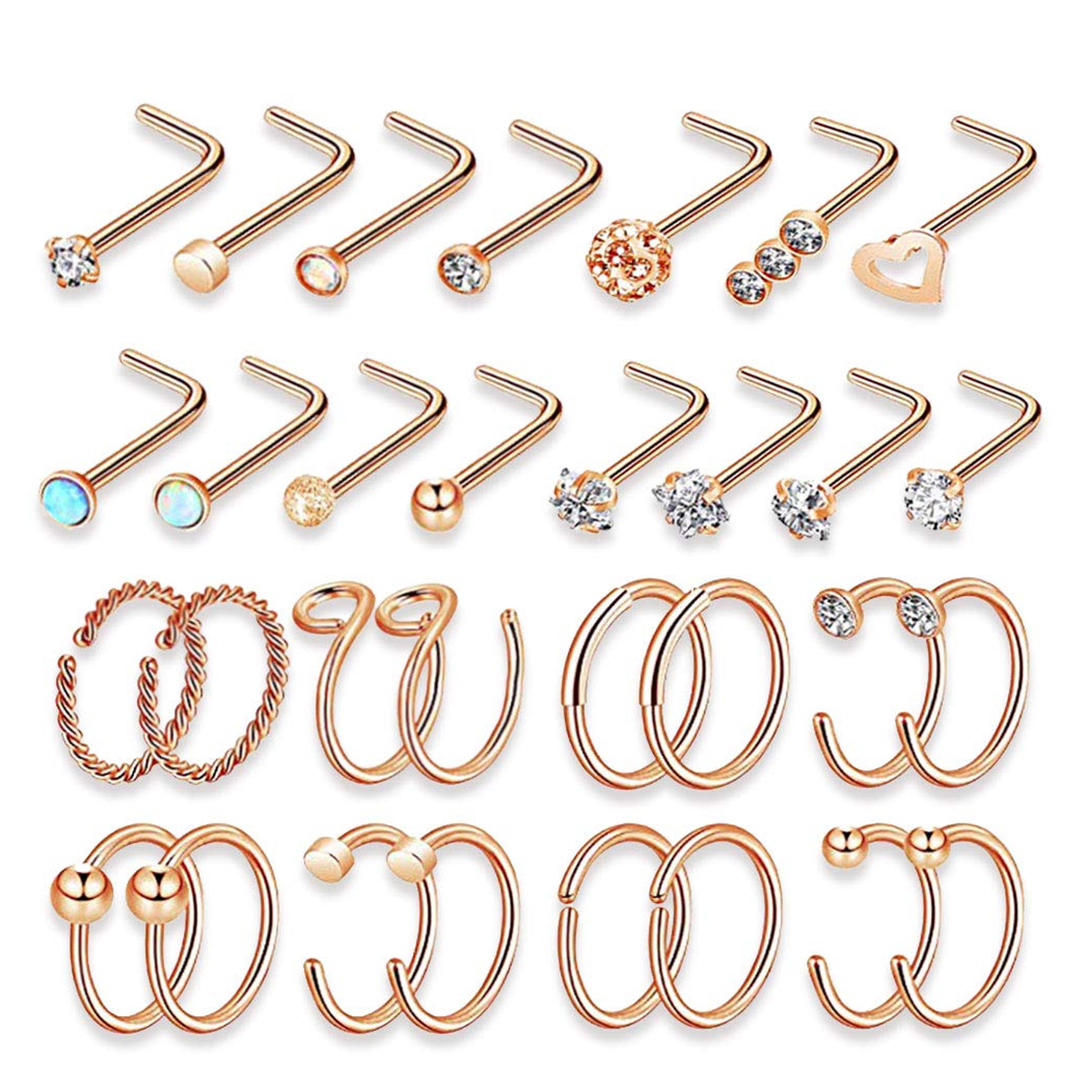 Hypoallergenic 20G Nose Ring Hoop Surgical Steel L-Shaped Nose Rings Studs Screw Nose Piercing Jewelry Hoop Nose rings for Women(gold silver black colored)