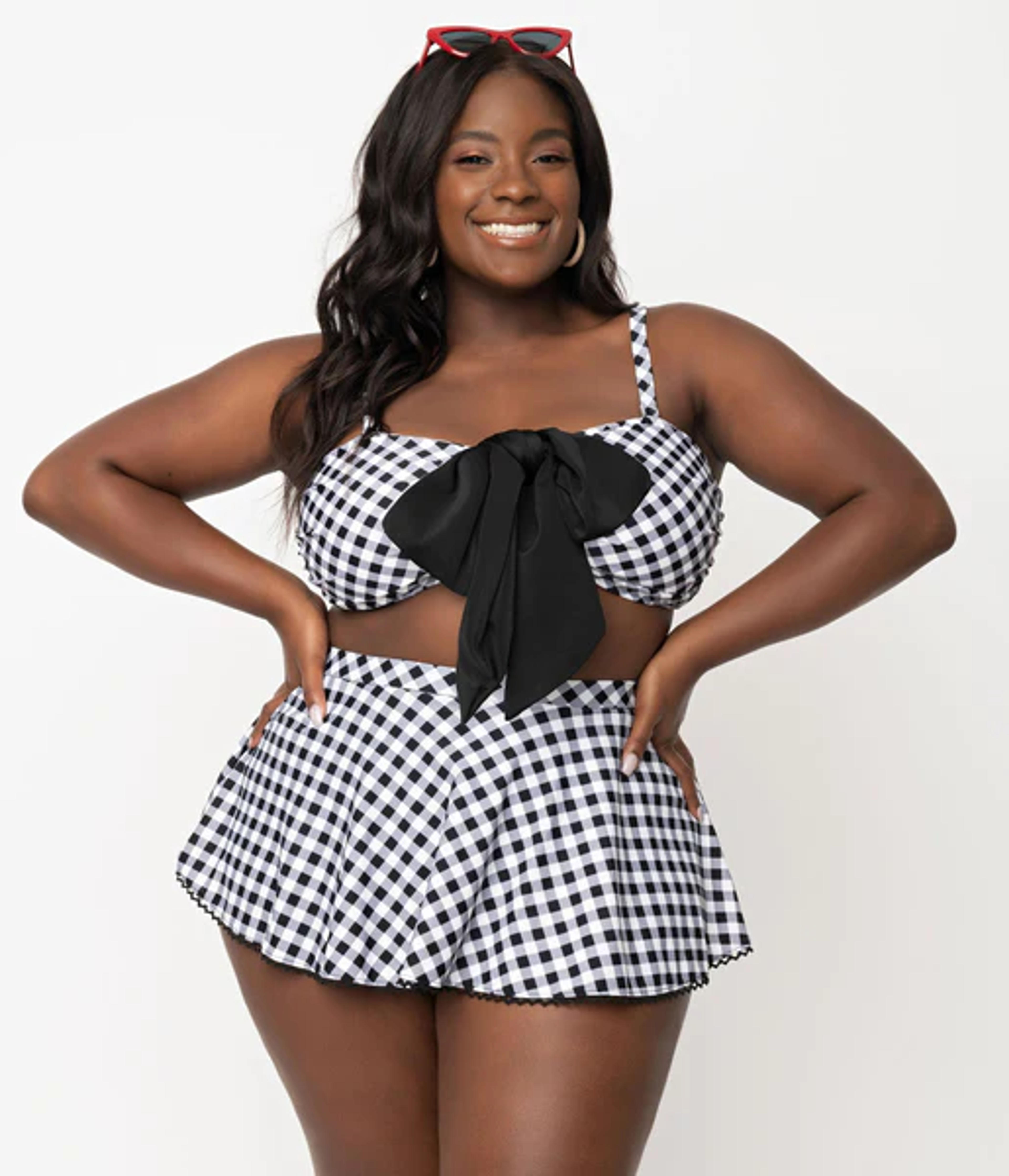 Unique Vintage Plus Size Black & White Gingham Bow Rialto Bikini Top