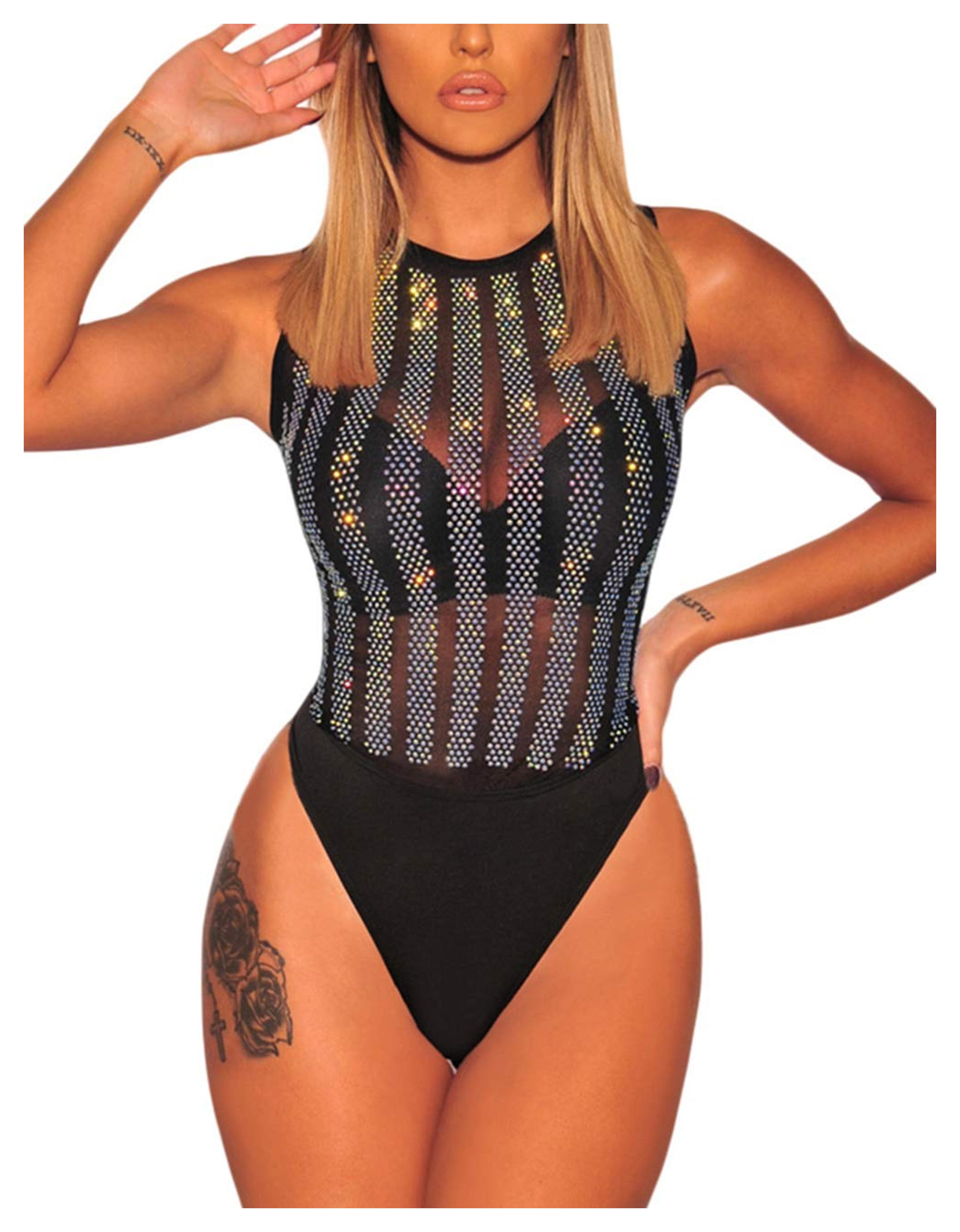 SEBOWEL Women Sleeveless Bodysuit Studded Mesh See Through Jumpsuits Rompers Top, Black, L