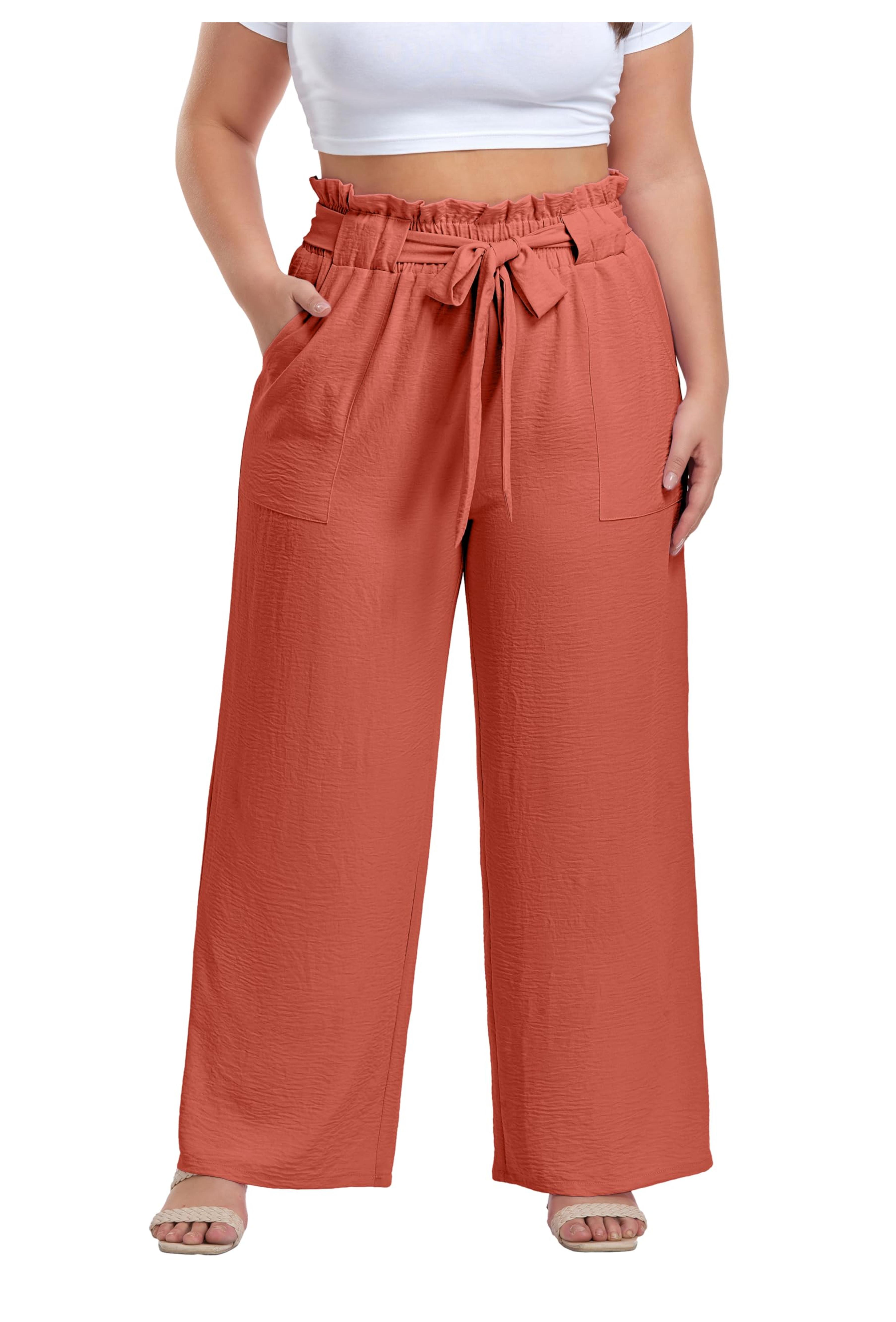 OLRIK Women's Casual Plus Size Pants High Waisted Self-tie Belted Lounge Pants Straight Long Trousers with Pockets