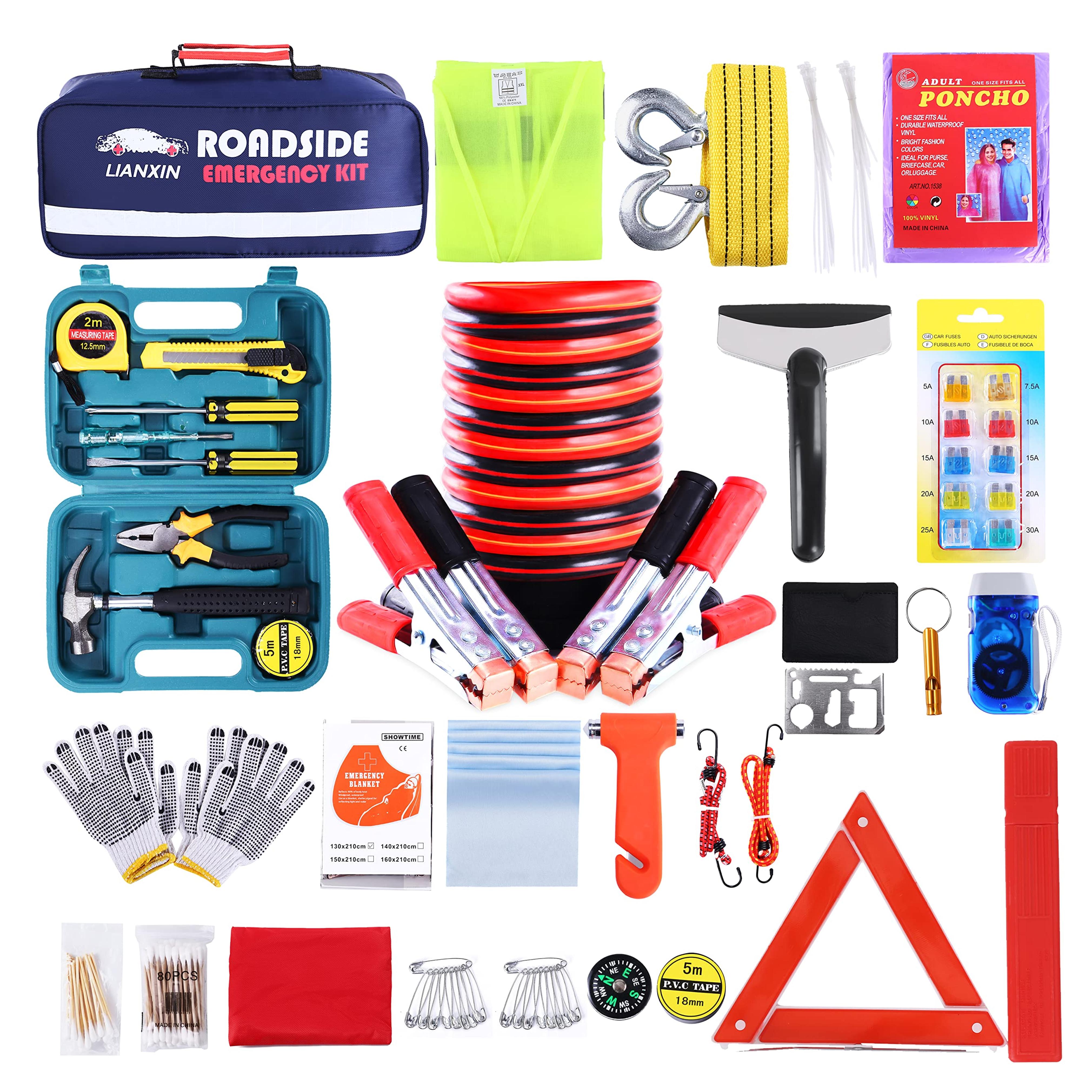 LIANXIN Roadside Assistance Emergency Kit - Car Roadside Emergency Kit Jumper Cables Set (8.2 Foot) Automotive Roadside Assistance 142 Pieces car Safety kit,Tow Strap,Tool Kit