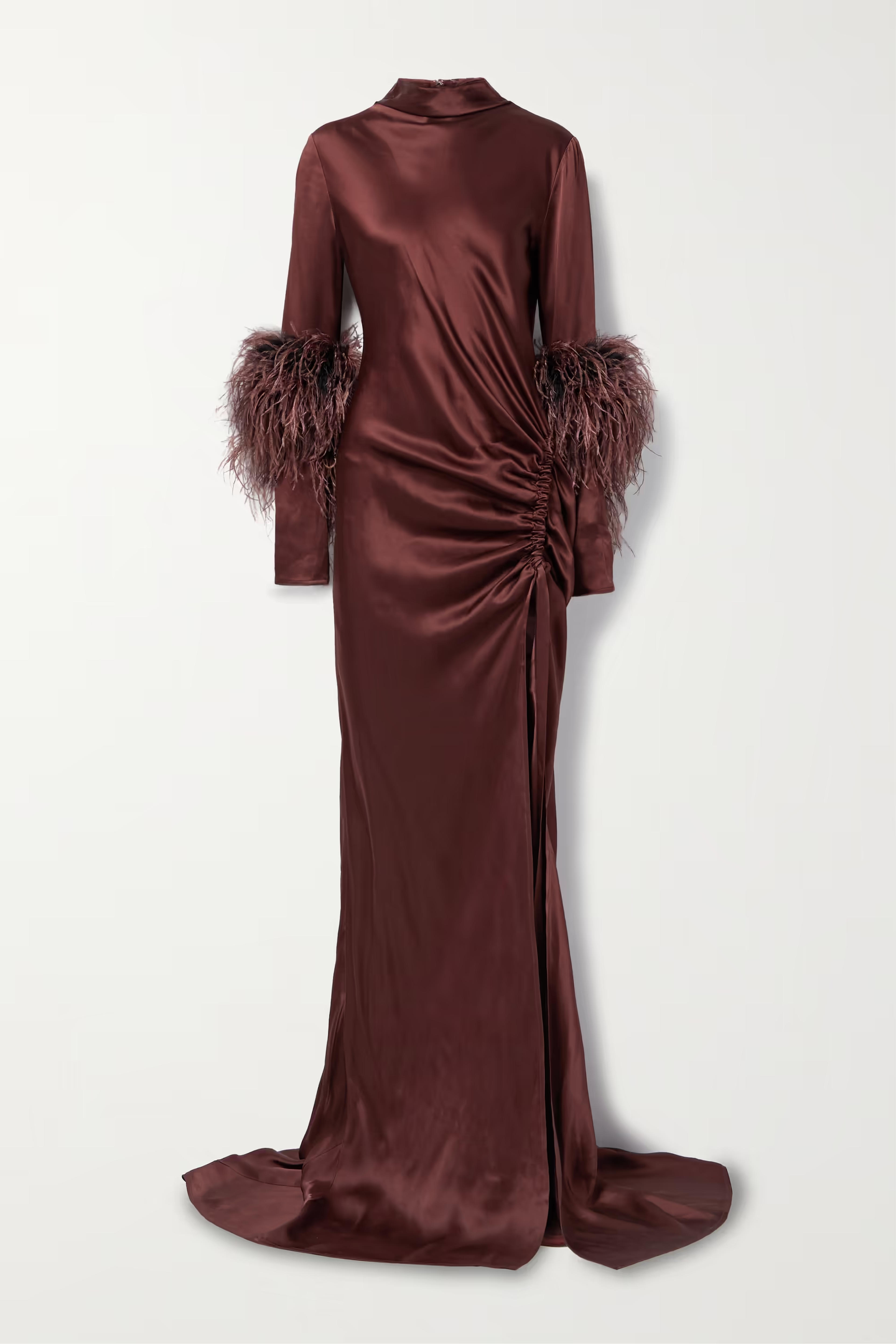 Chocolate Feather-trimmed gathered satin maxi dress | LAPOINTE | NET-A-PORTER