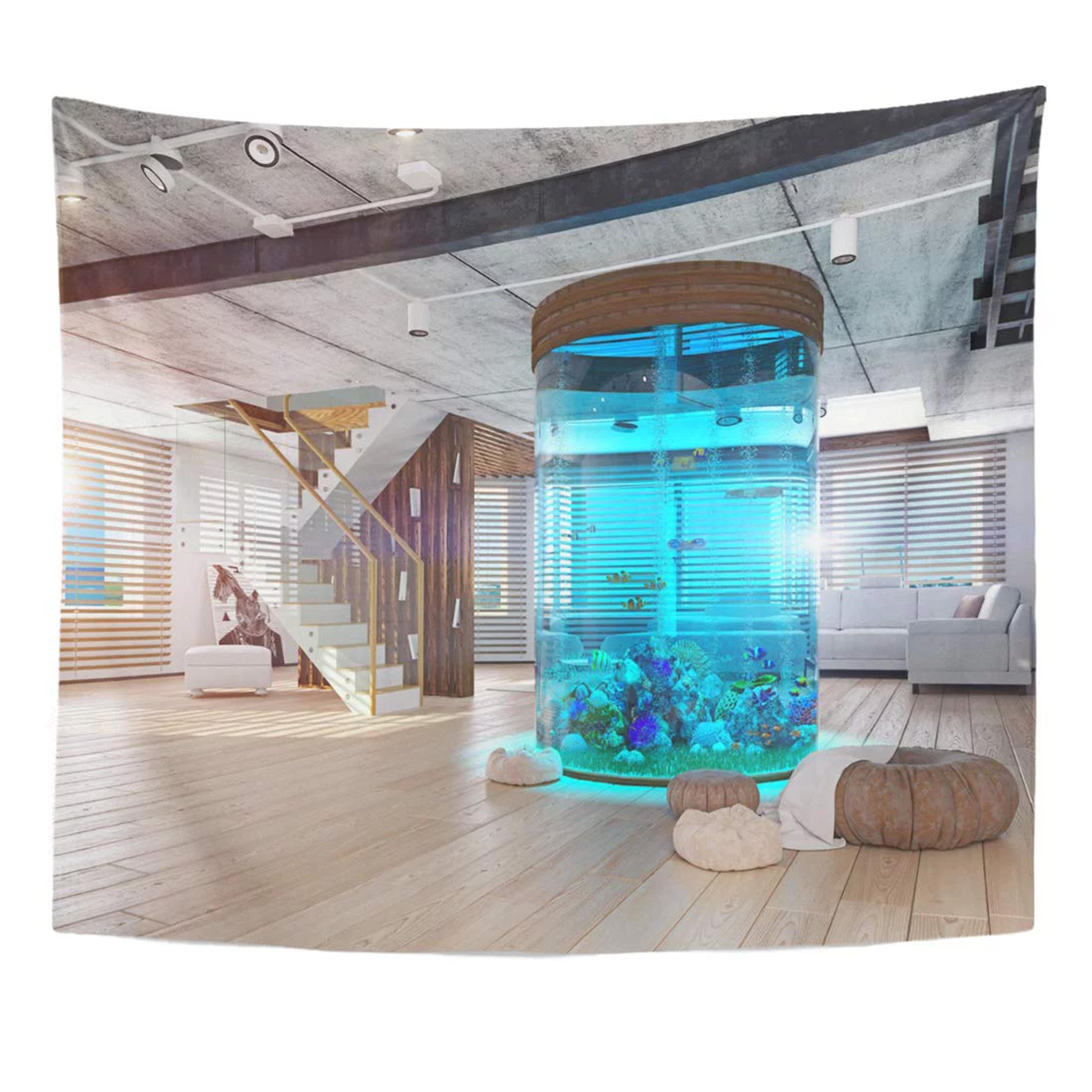 ZEALGNED Luxury White Cylinder The Modern Loft Interior Aquarium 3D Wall Art Hanging Tapestry Home Decor for Living Room Bedroom Dorm 51x60 inch - Walmart.com