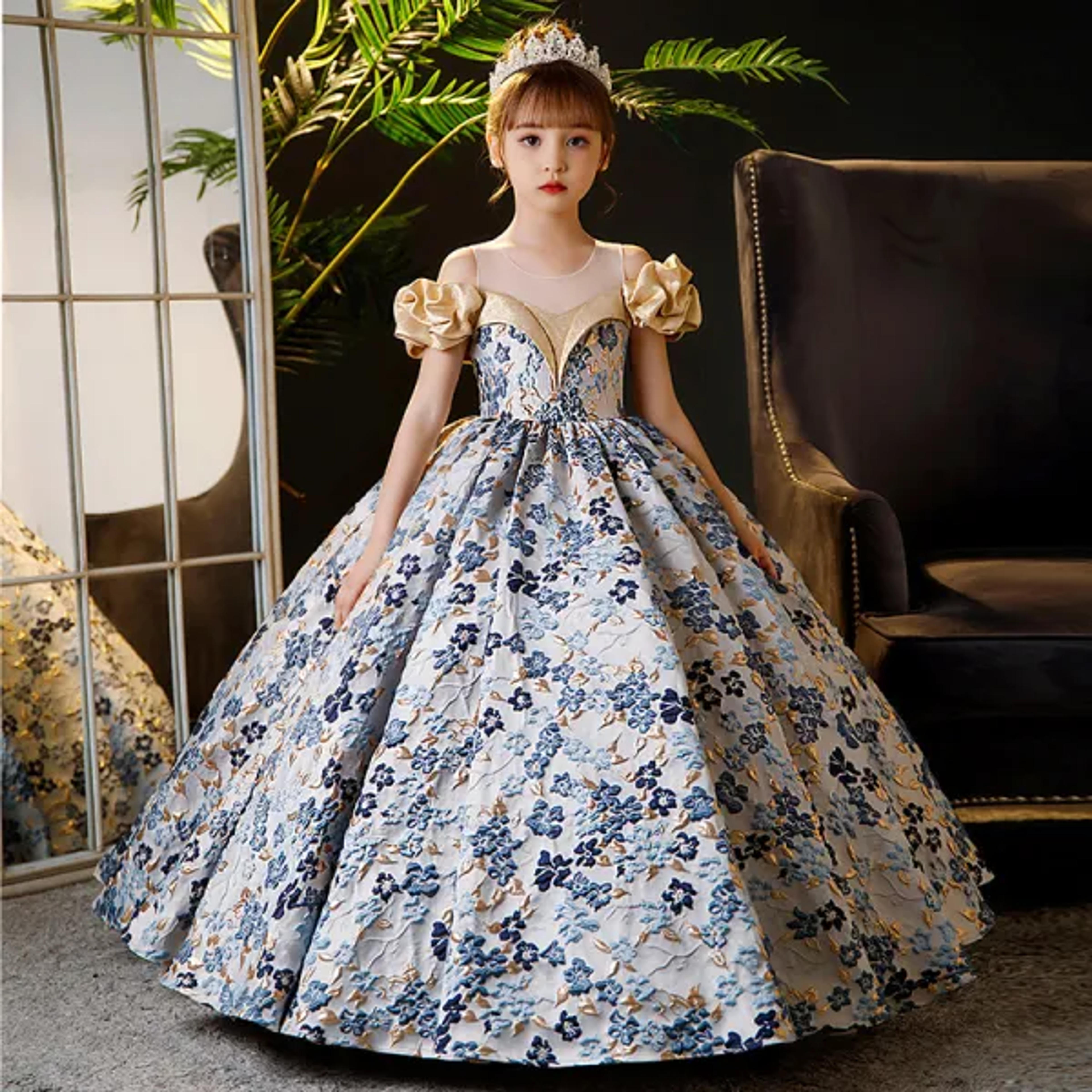 Elegant Sky Blue Printing Birthday Flower Girl Dresses 2024 Ball Gown Scoop Neck Ruffle Short Sleeve Floor-Length / Long