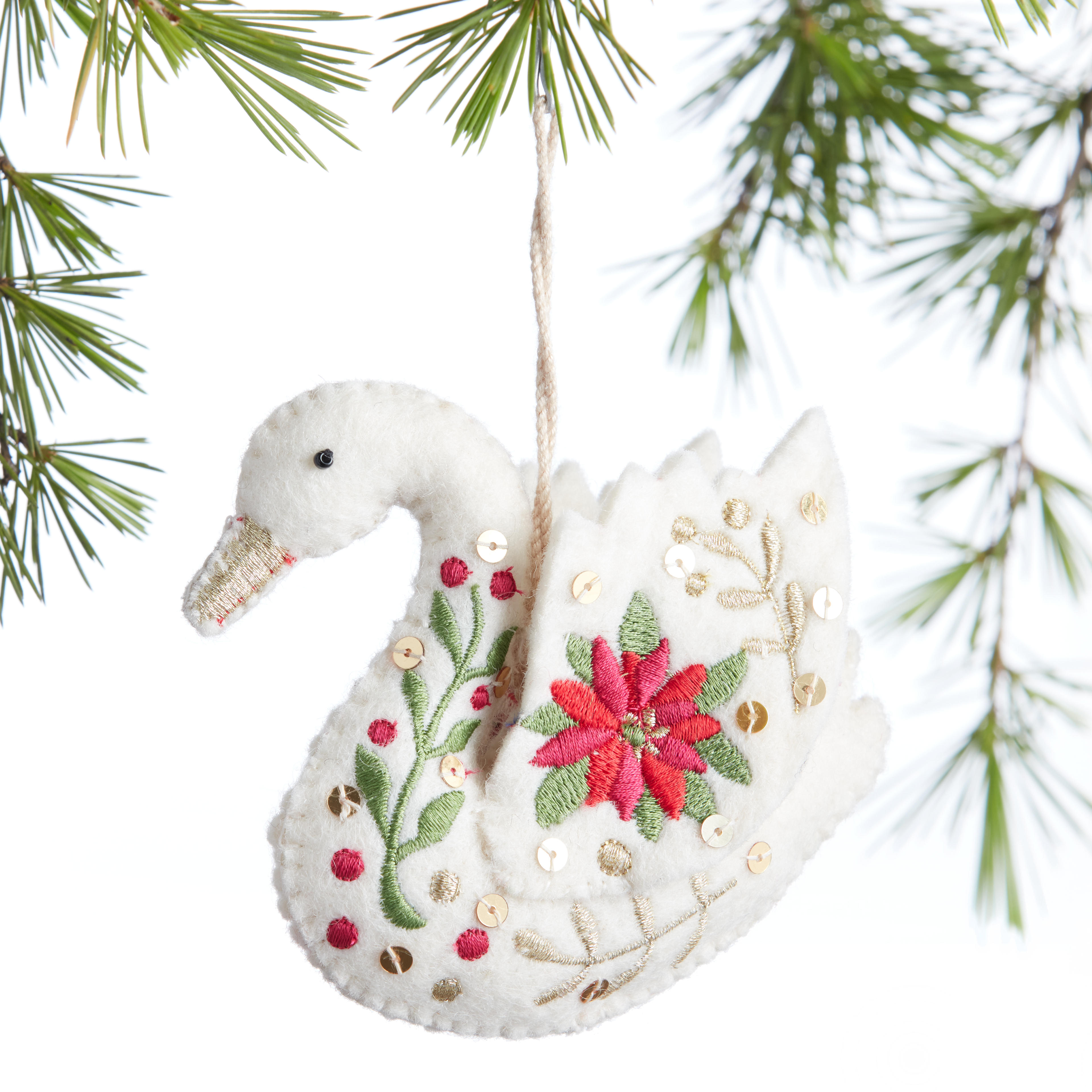 Wool Embroidered Botanicals Swan Ornament