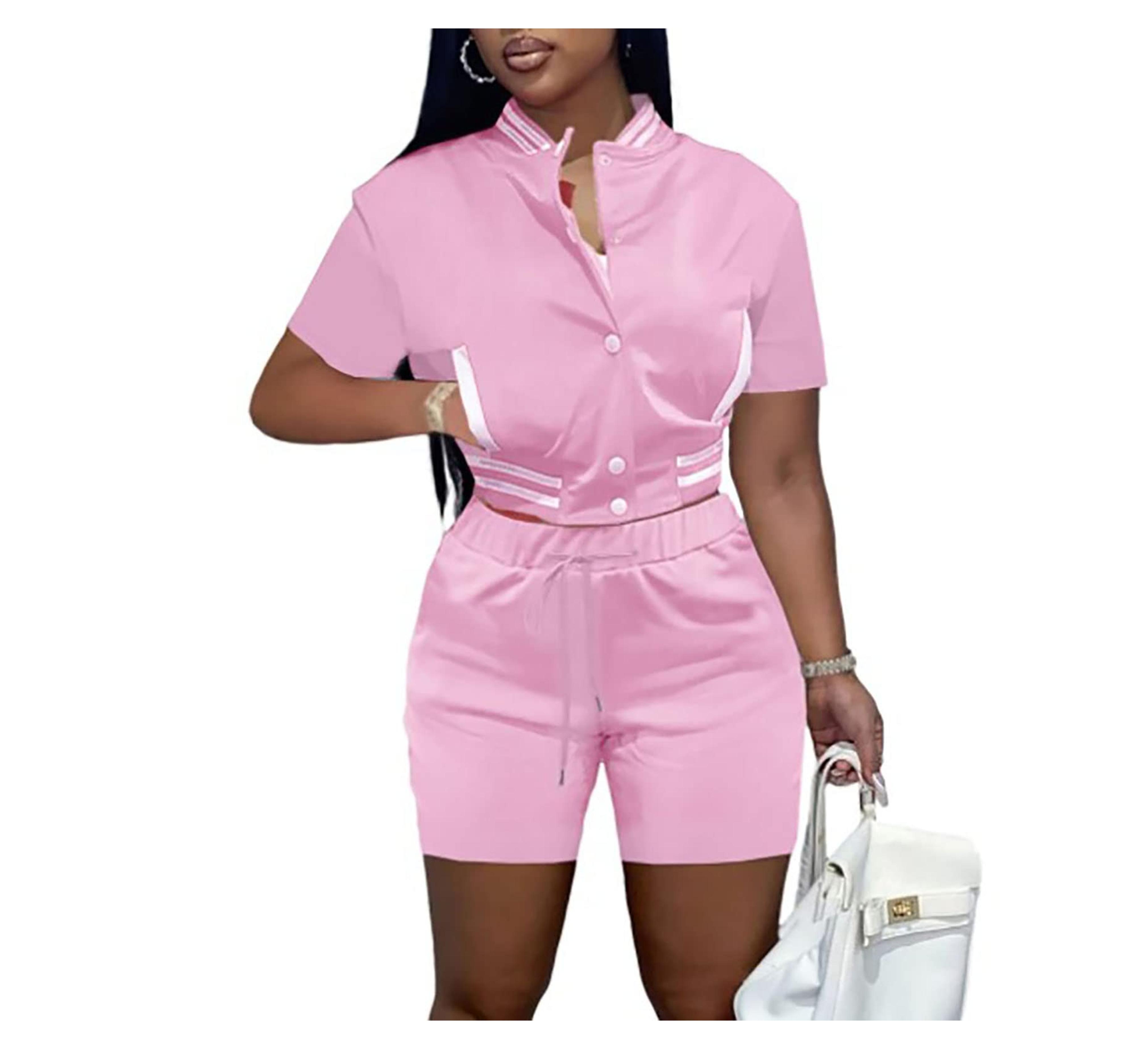 Amazon.com: 2 Piece Varsity Vibrant Color Clothes Tracksuit Sets for Women Cute Baseball Short Sleeve Patchwork Tracksuits Outfits Pink Button Down V Neck Crop Tops Jackets Slim Shorts Sweatsuits Set with Pockets : Clothing, Shoes & Jewelry