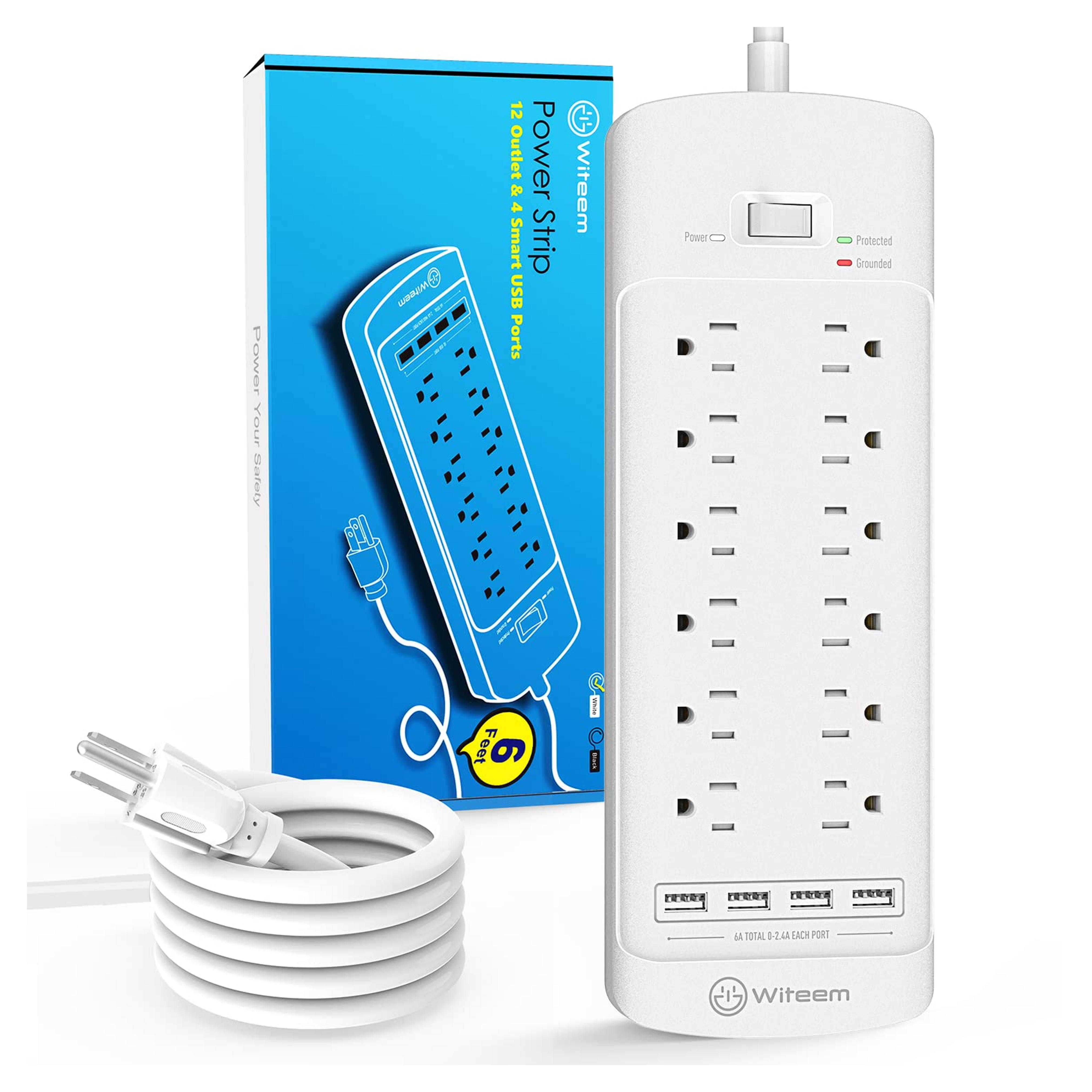Power Strip, Witeem Surge Protector with 12-Outlet (1875W/15A, 4360Joules) and 4 USB Charging Ports (5V/6A, 30W), 6Ft Extension Cord, Wall Mountable Overload Protection Outlet for Home & Office, White