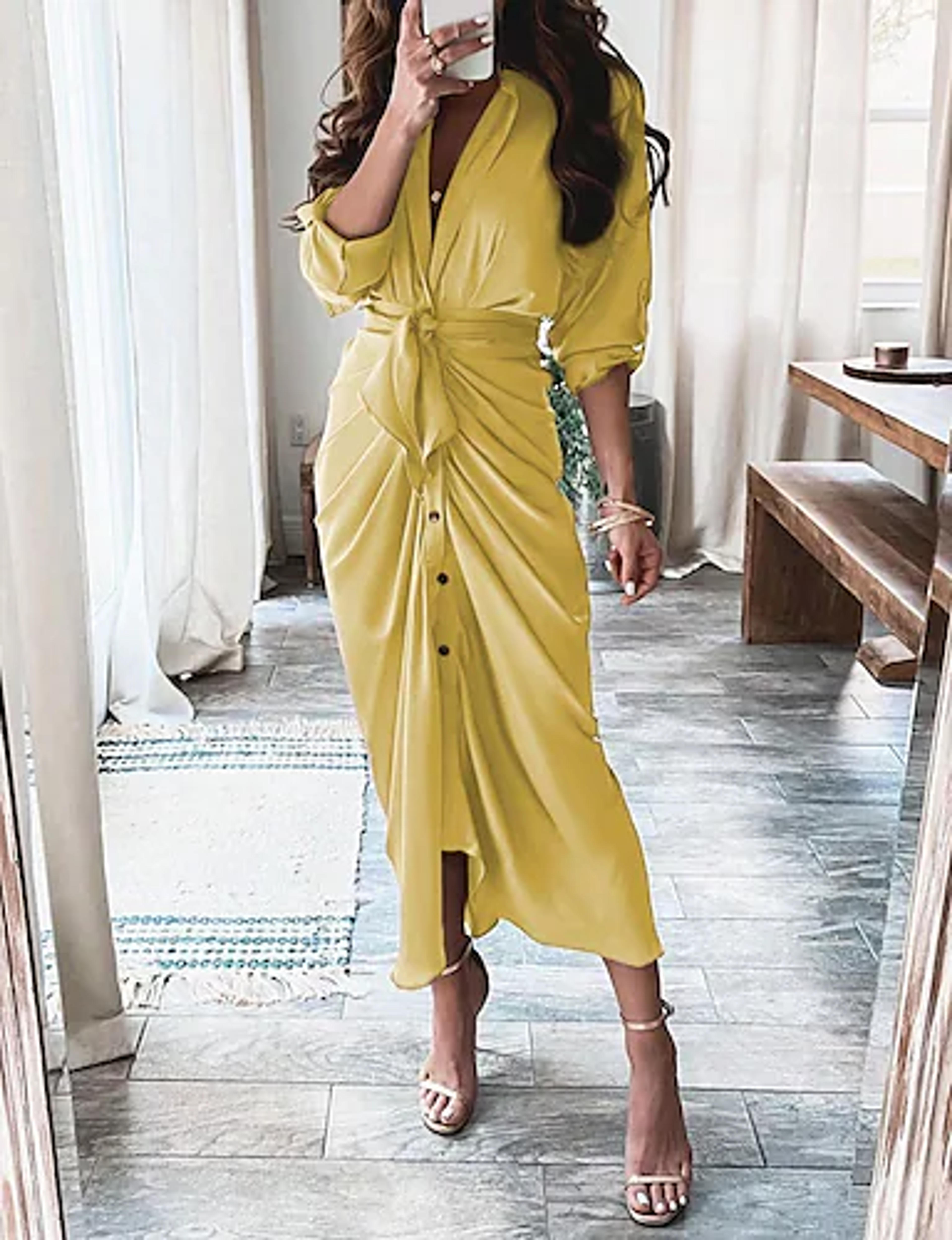 Women's Trumpet / Mermaid Dress Midi Dress dark brown All yellow White Orange 3/4 Length Sleeve Striped Print Pure Color Ruched Fall Winter Shirt Collar Stylish Elegant Loose 2022 S M L XL 8731087 2022 – $30.99