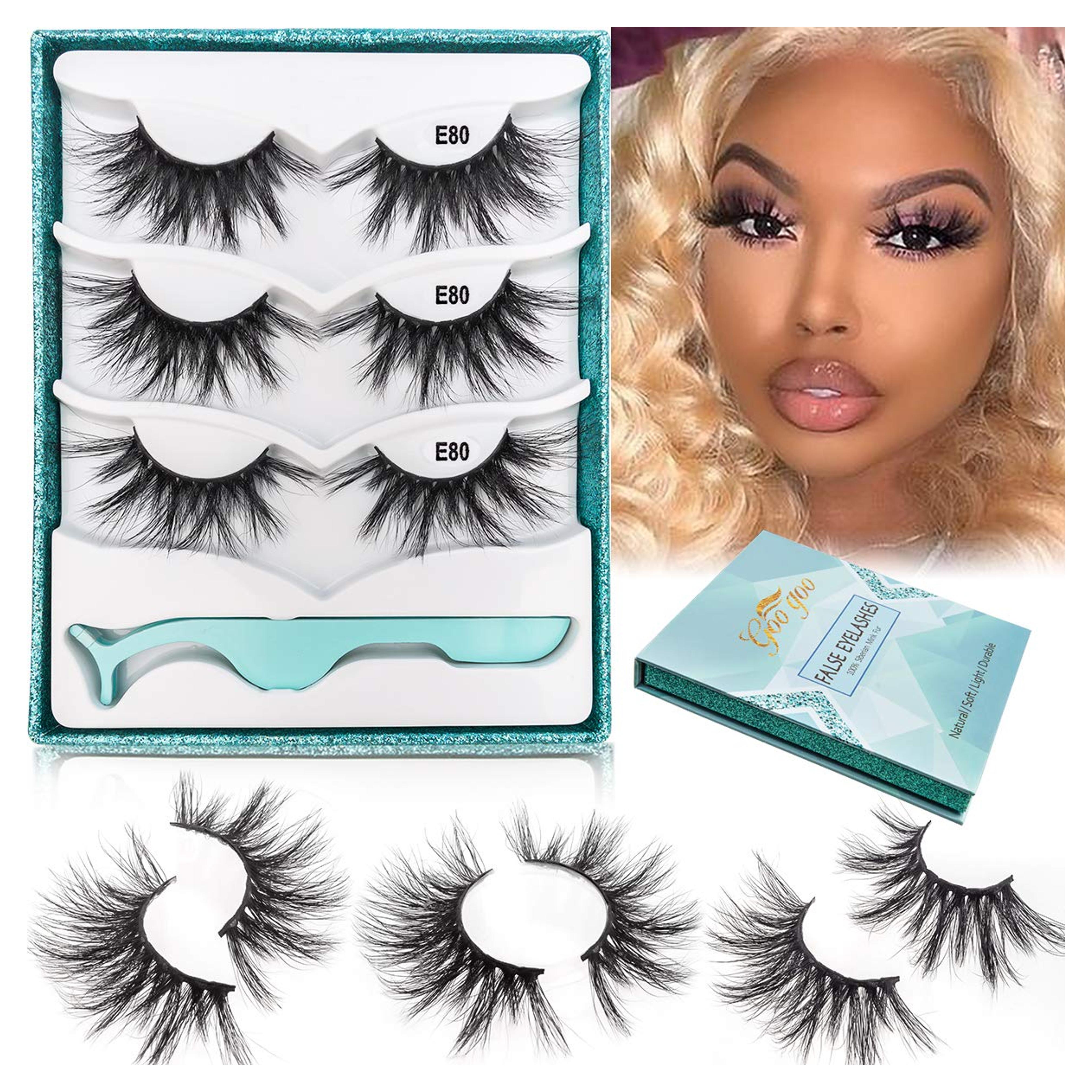 GOO GOO Eyelashes 3D Mink Fur, Fake Lashes 25mm Dramatic Long 1 Style 3 Pairs/set Natural Siberian False Eyelashes Hand Made Strips Lashes Fluffy Full Reusable Mink Eyelashes