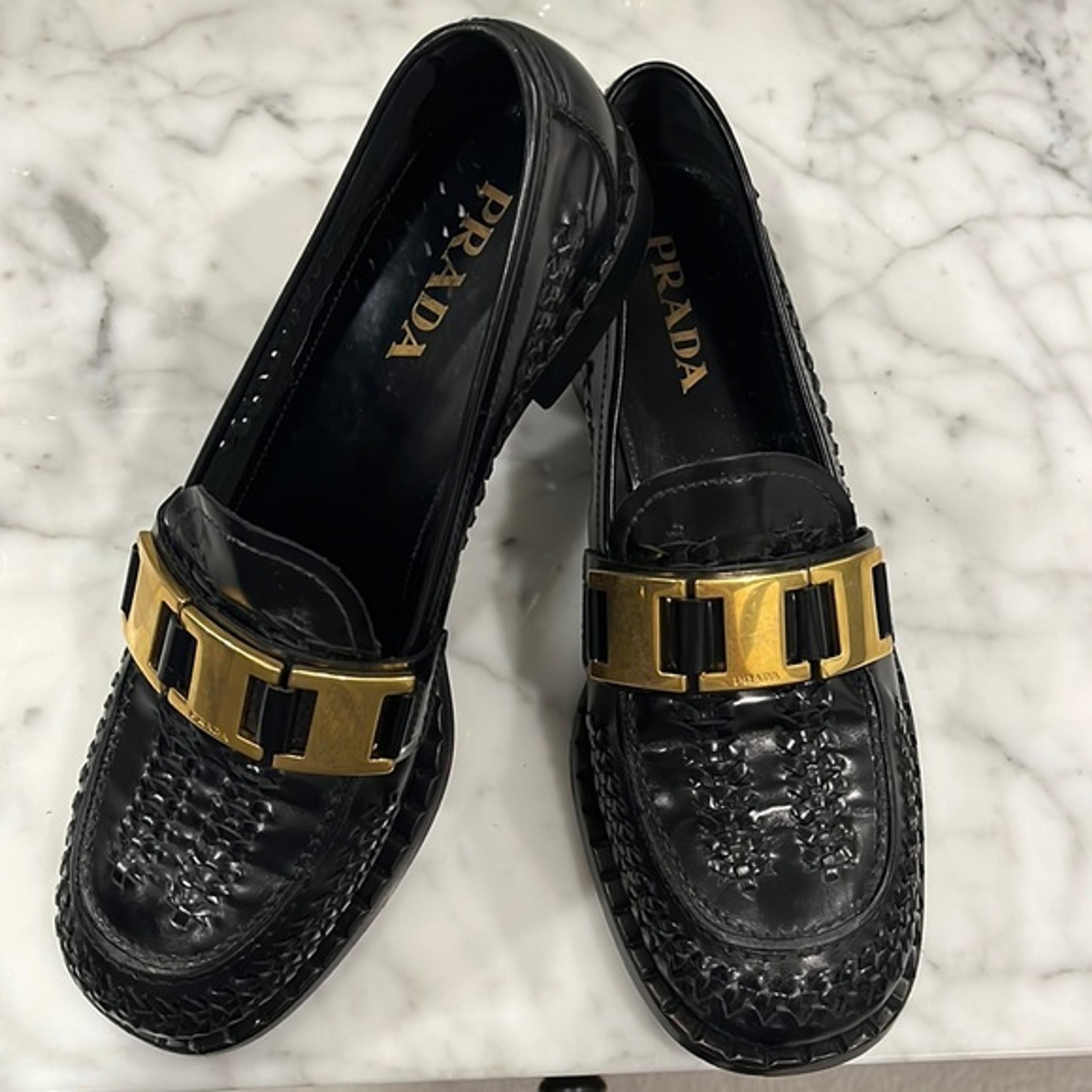 Prada | Shoes | Black Prada Loafers With Gold Buckle | Poshmark