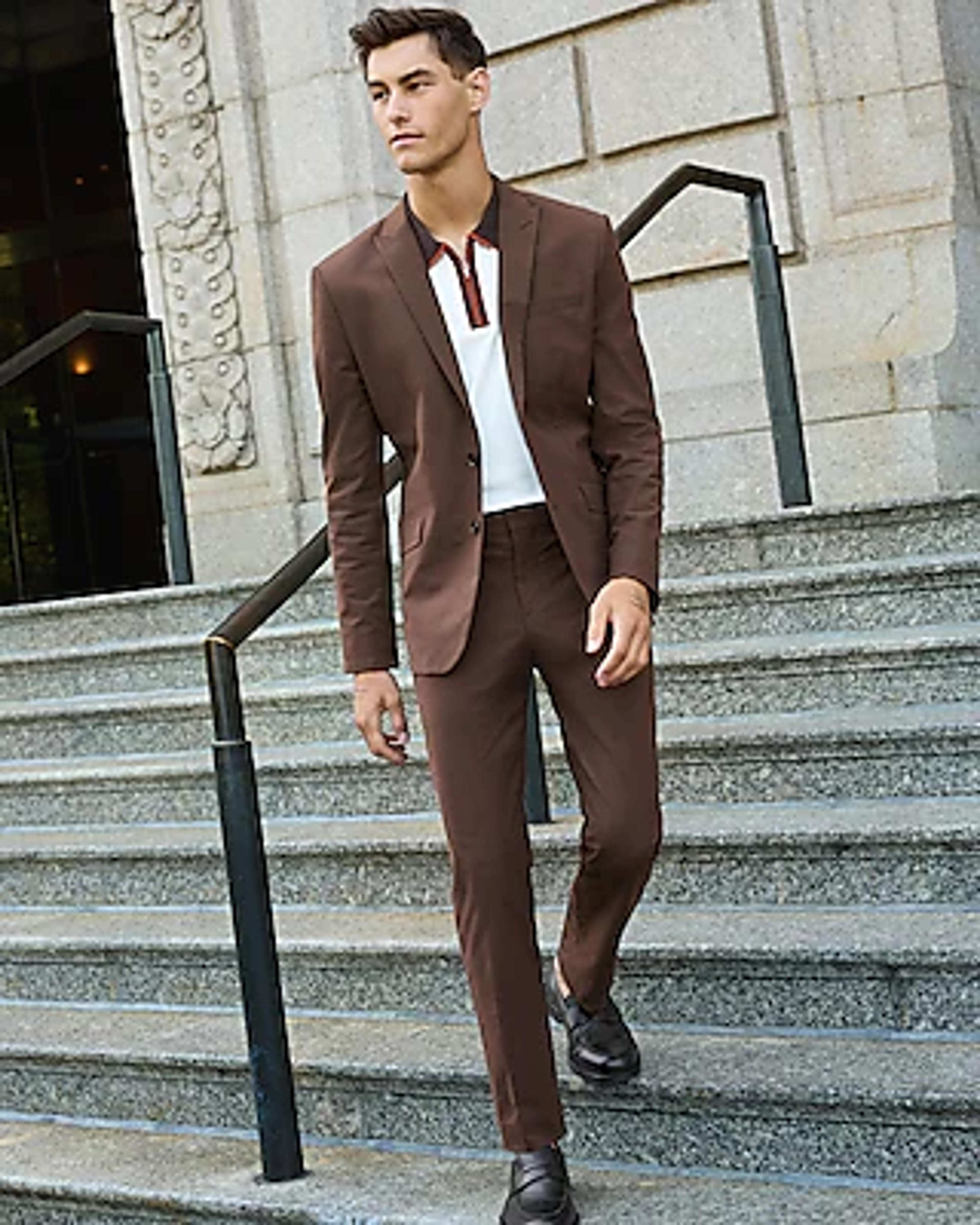 Slim Solid Brown Cotton Suit Pant | Express