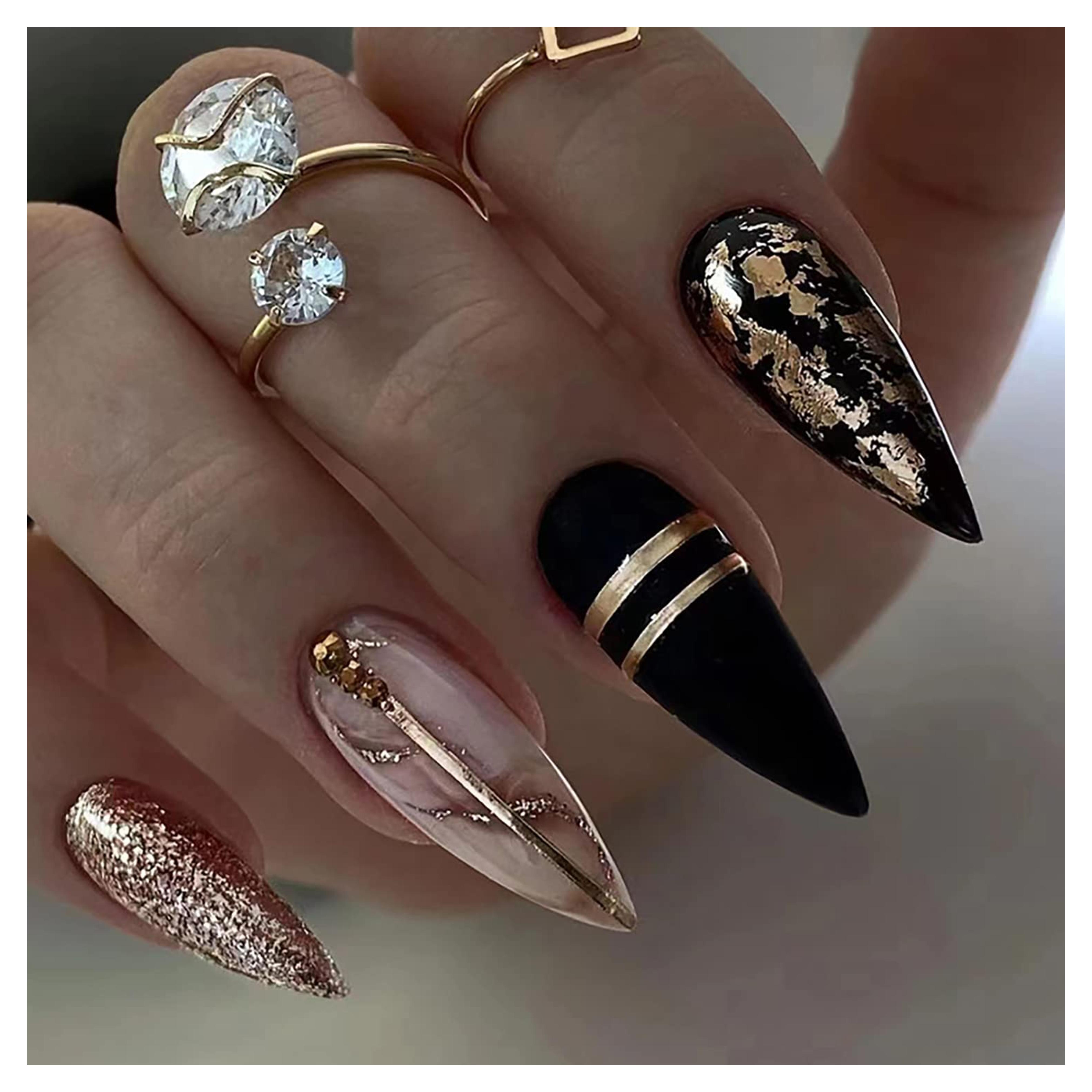 French Tip Press on Nails Almond Medium Fake Nails with Gold Line Shine Design Full Cover Reusable Black Artificial Acrylic Coffin False Nails Set Women Glue on Nails Stick on Nails for Nail Art