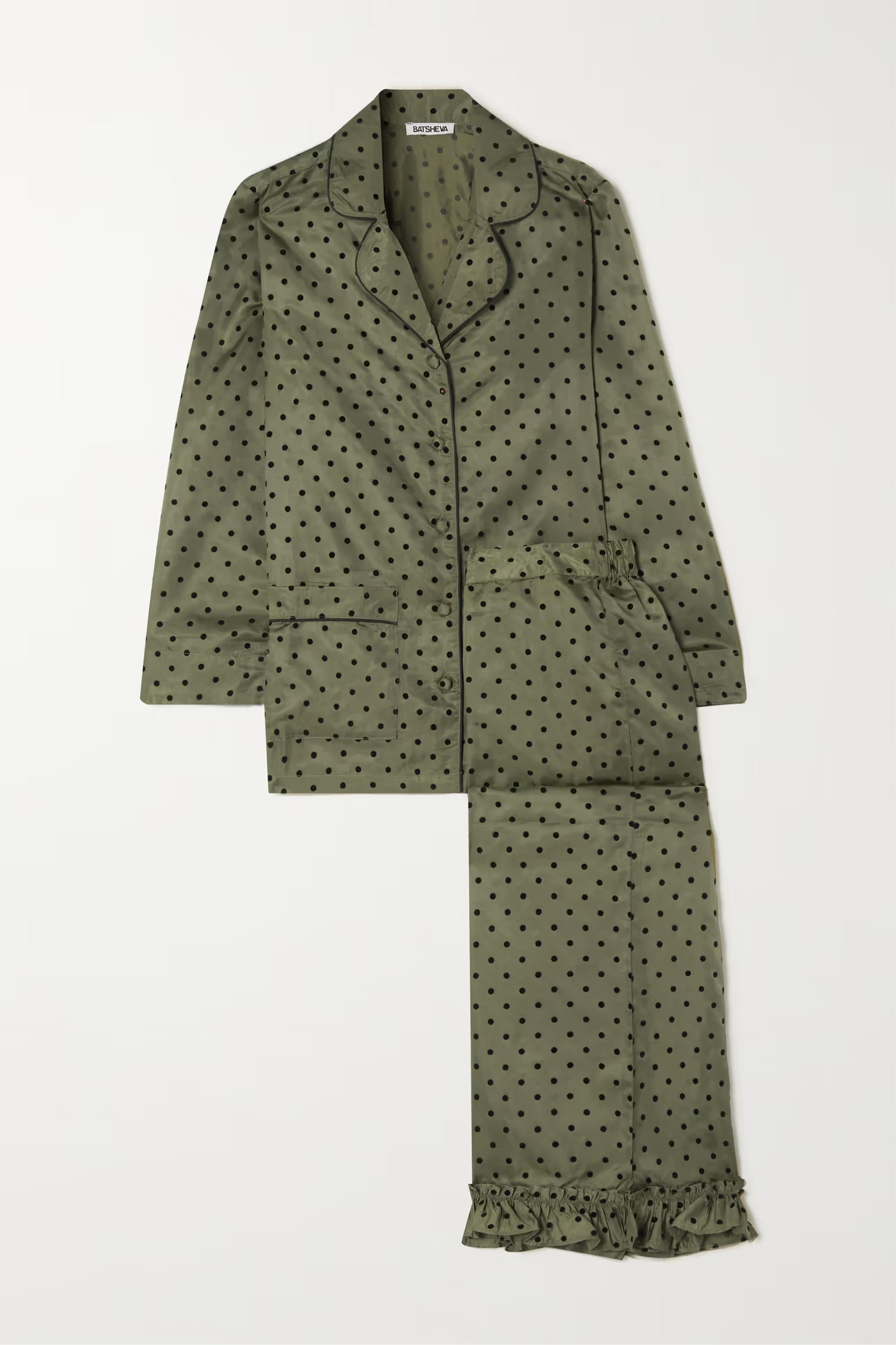 Army green Ruffled polka-dot flocked satin-twill pajama set | BATSHEVA | NET-A-PORTER