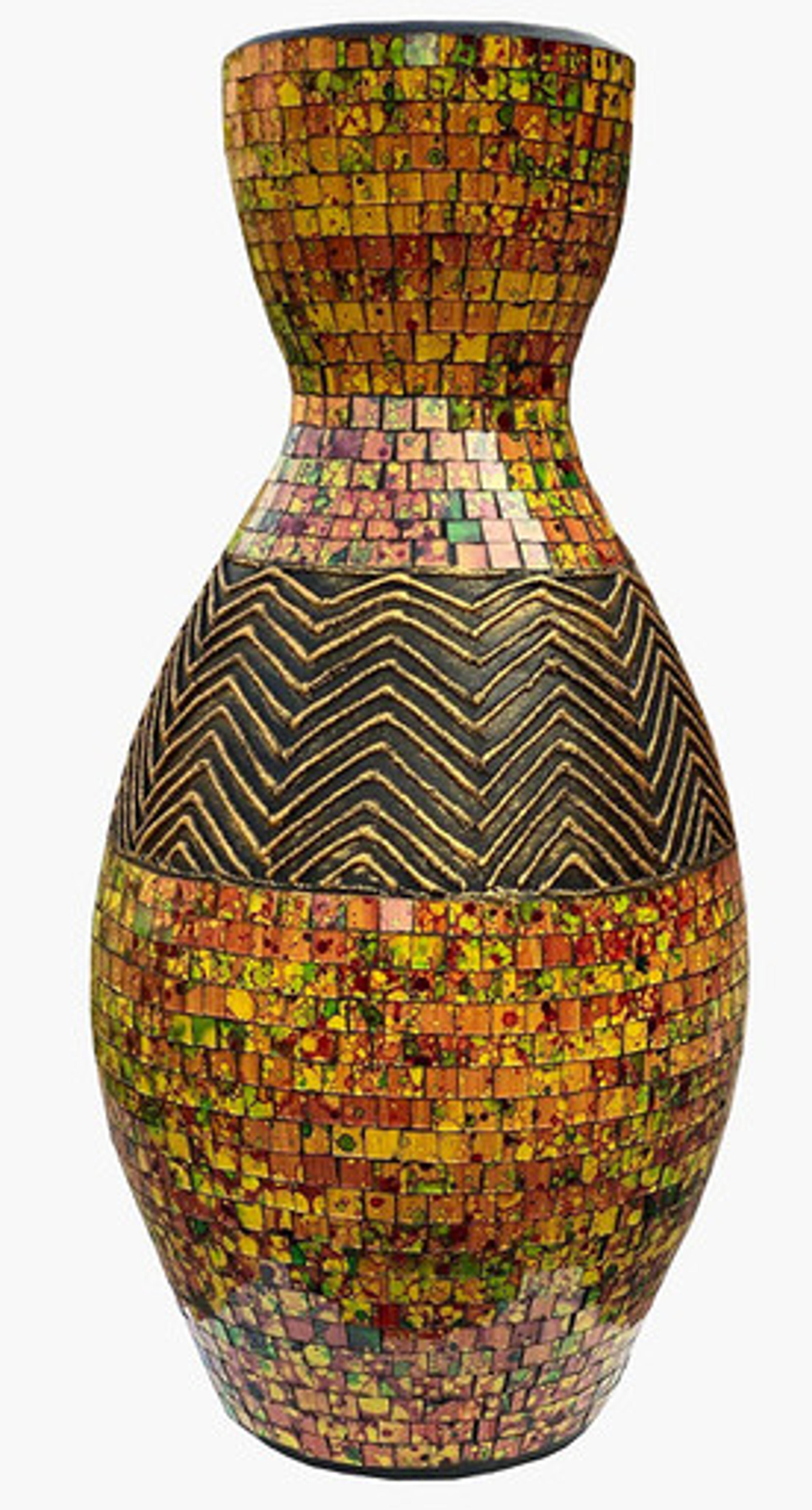 Zorigs Floor Vase – Tall Cylinder Made of Terracotta with Red, Orange, Yellow, Green, Black Glass Mosaic Pieces – Exquisite Home Décor Accent Piece – 23.6 x 10.2 Inches - Zorigs