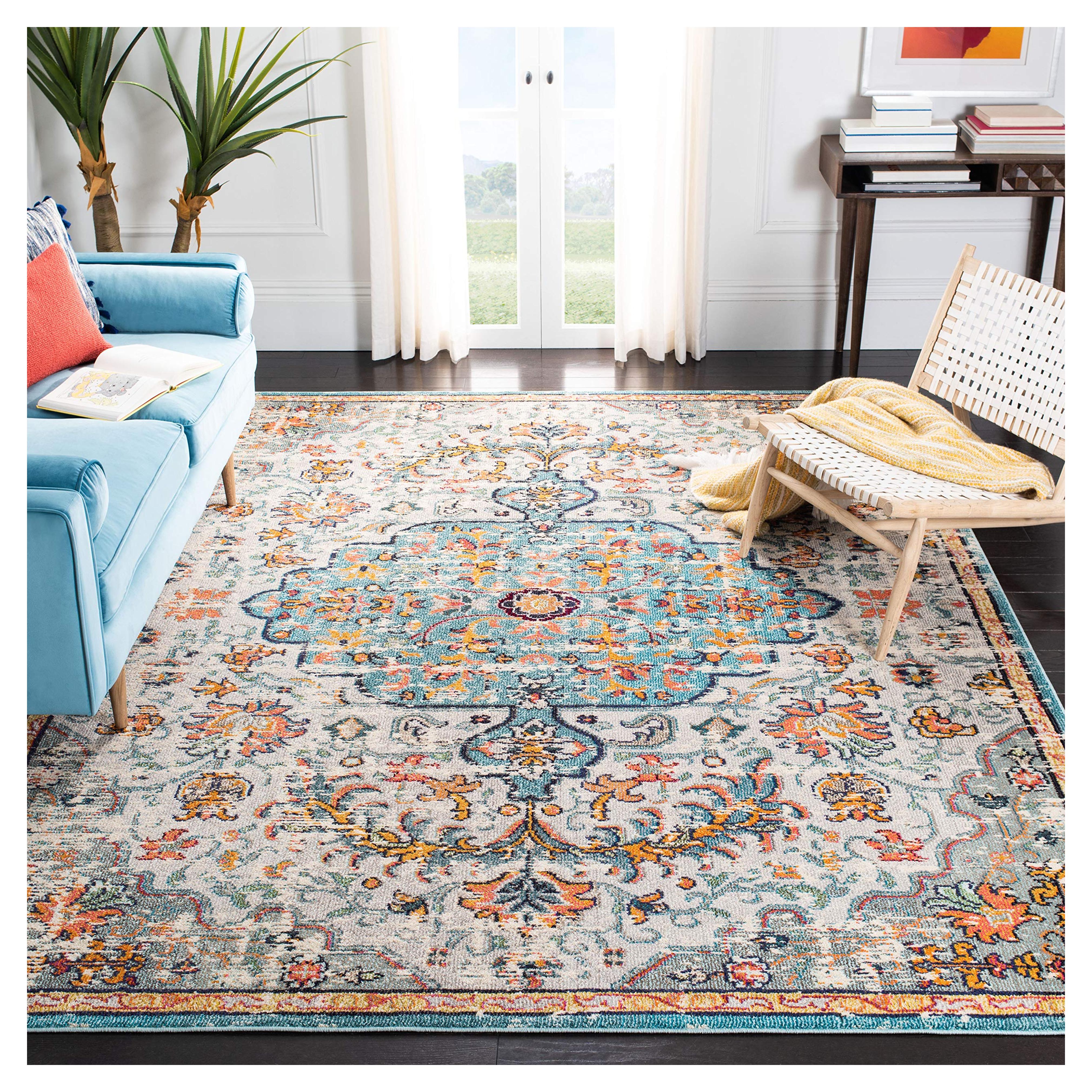 SAFAVIEH Madison Collection MAD447F Boho Chic Medallion Distressed Non-Shedding Living Room Bedroom Dining Home Office Area Rug, 8' x 10', Grey / Light Blue