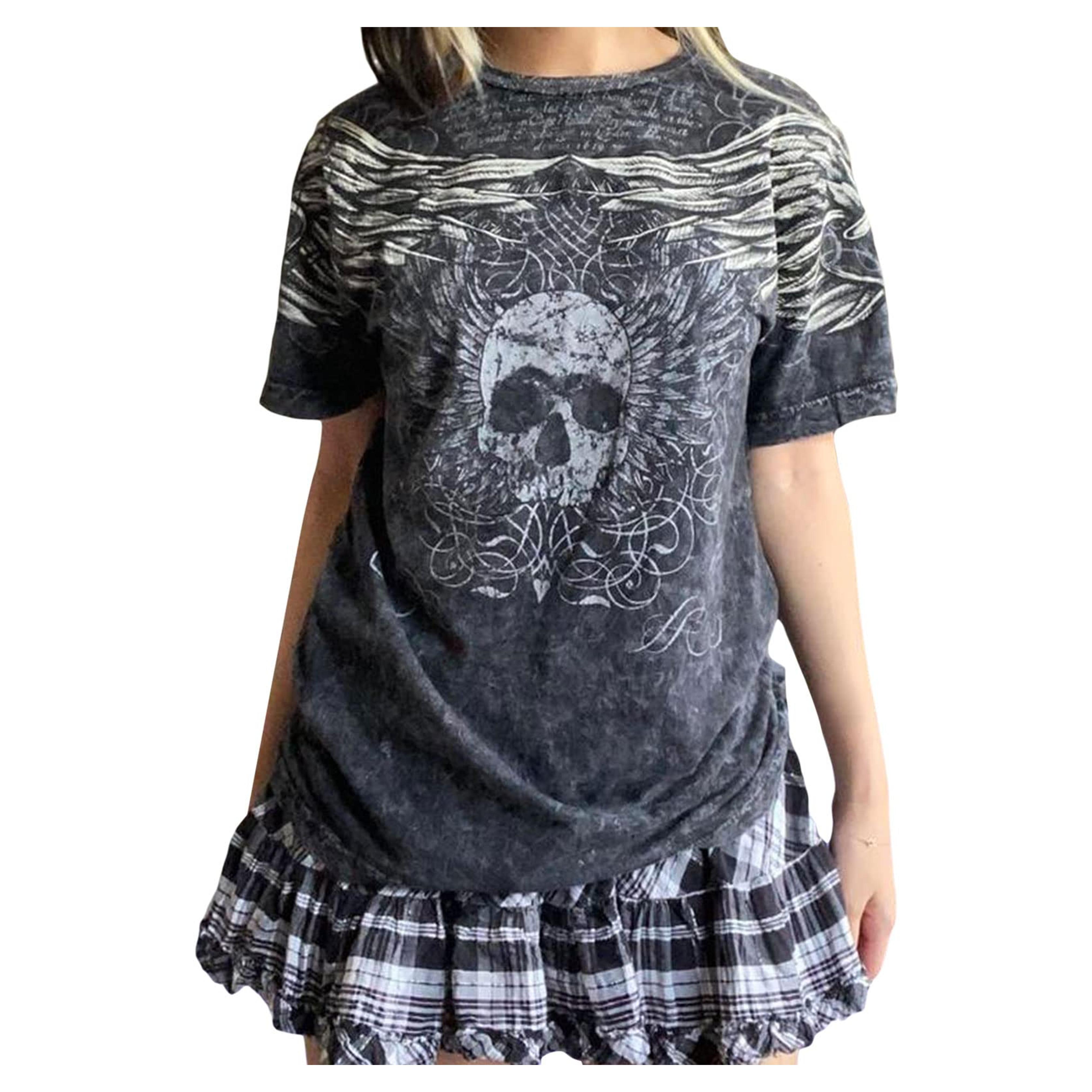 Y2k Graphic Tees for Women Oversized Short Sleeve Vintage Aesthetic Skull Printed Graphic Baggy T Shirts Teen Girls Grunge Tops Summer Clothes 90s Streetwear Clothing(C1-Black Grey Skull, M)